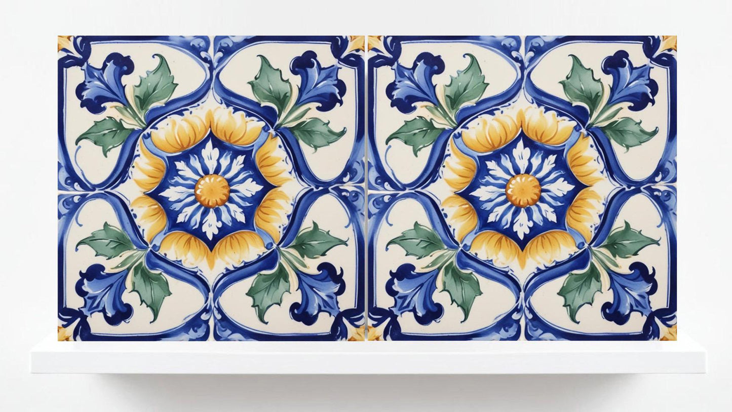 Italian Majolica Tiles Flower -Set of 2 Sicilian Wall Decor Tiles-Kitchen Backsplash Tiles, Sink Splashback,Bathroom,Shower Wall Art,Coaster