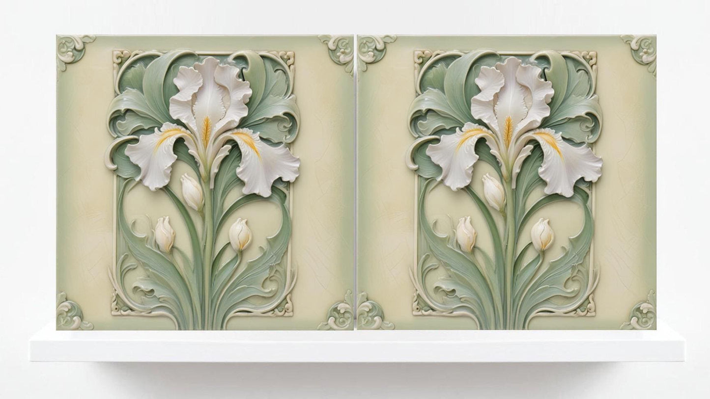 Art Nouveau Flower Ceramic tiles - Set of 2 Art Nouveau Irises Wall Decor Tiles - Iris Print, Kitchen Backsplash Tiles,Bathroom Shower Decor