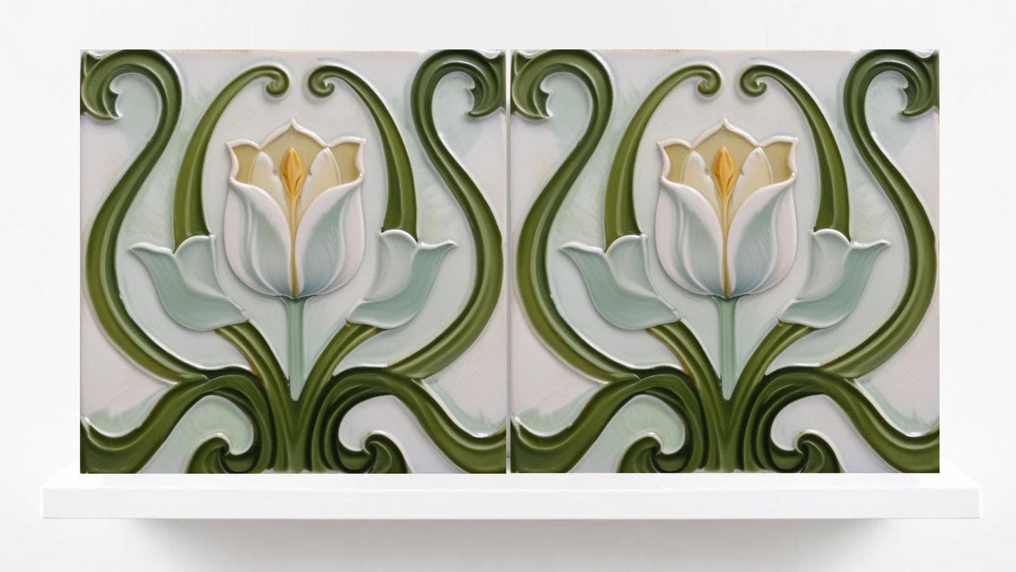 Tulip Tiles-Art Nouveau Flower Ceramic Tiles-Set of 2 Art Nouveau Wall Decor Print - Kitchen Backsplash Tiles,Bathroom Decor,Sink Splashback