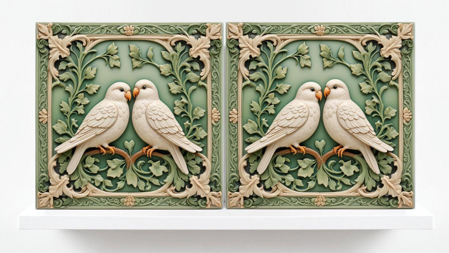 Art Nouveau Green Bird and Flower Ceramic tiles -Set of 2 Botanical Tiles Birds Wall Decor ,Birds Tiles -Kitchen Backsplash Tiles,Bathroom