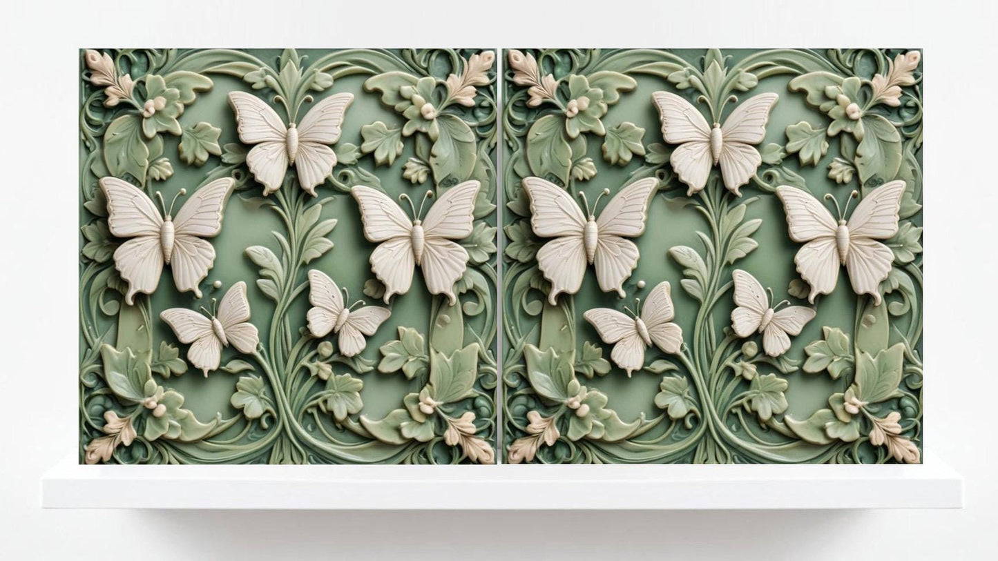 Butterfly Tile - Set of 2 Green Art Nouveau Tiles Wall Decor print -Kitchen Backsplash, Home Decor,Bathroom,Shower,Sink Splashback,Fireplace