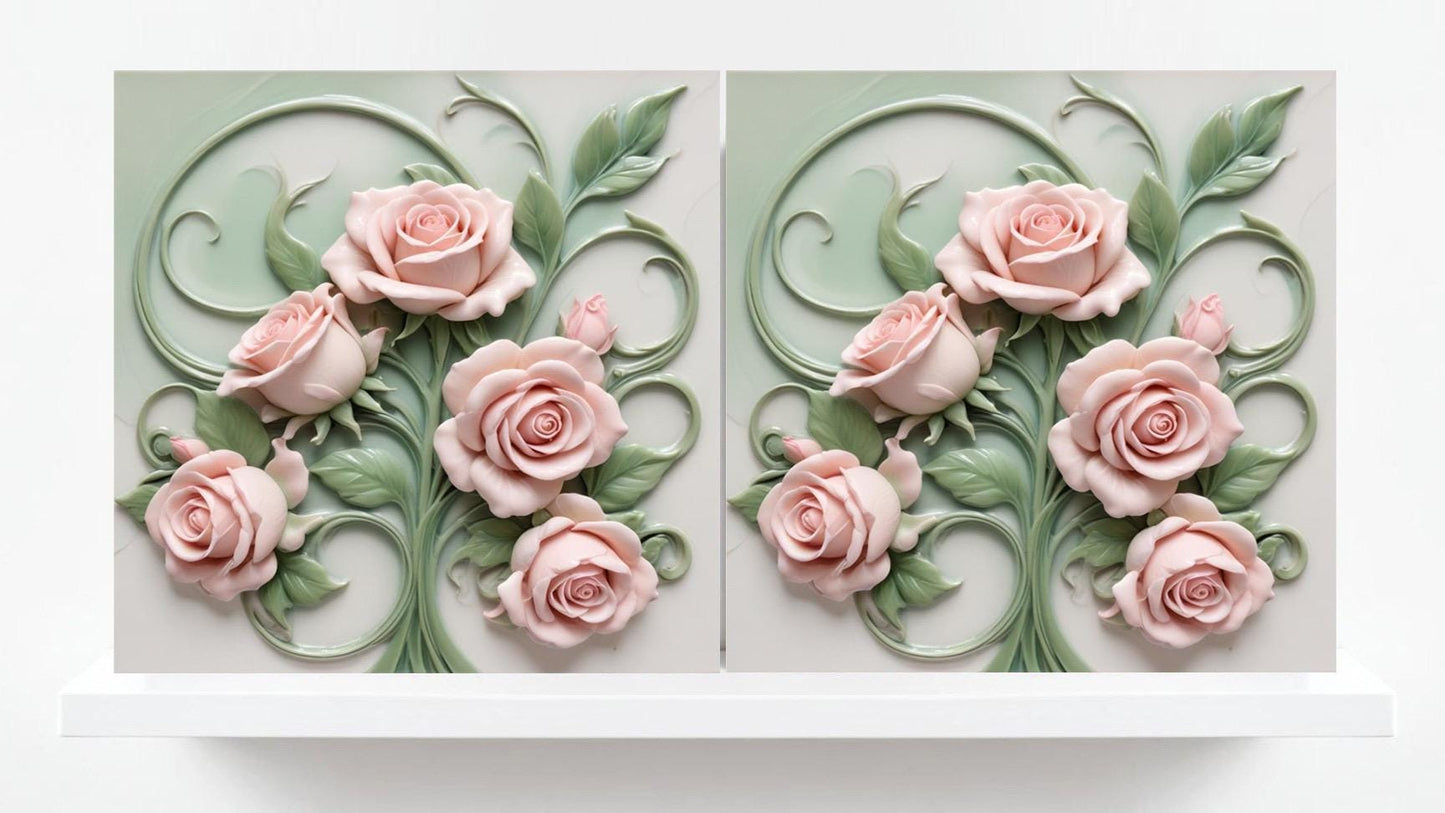 Art Nouveau Tile Rose Flower Ceramic Tiles - Set of 2 Botanical Wall Decor Tiles -Kitchen Backsplash Tiles,Bathroom Tiles, Shower Wall, Sink