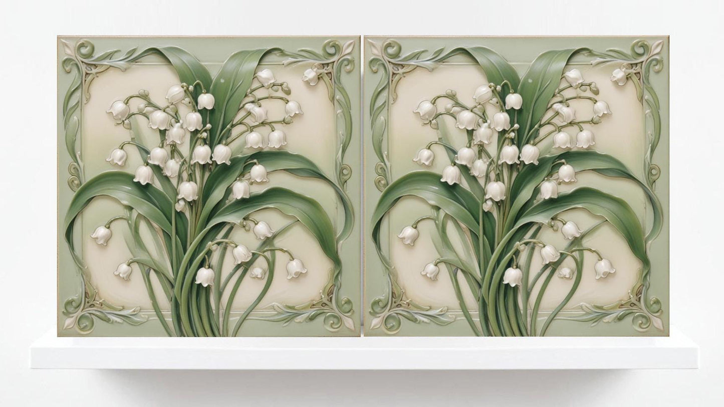 Art Nouveau Flower Ceramic Tiles - Set of 2 Art Nouveau Wall Decor Tiles - Kitchen Backsplash Tiles, Table Decorative Tiles, Bathroom Tiles