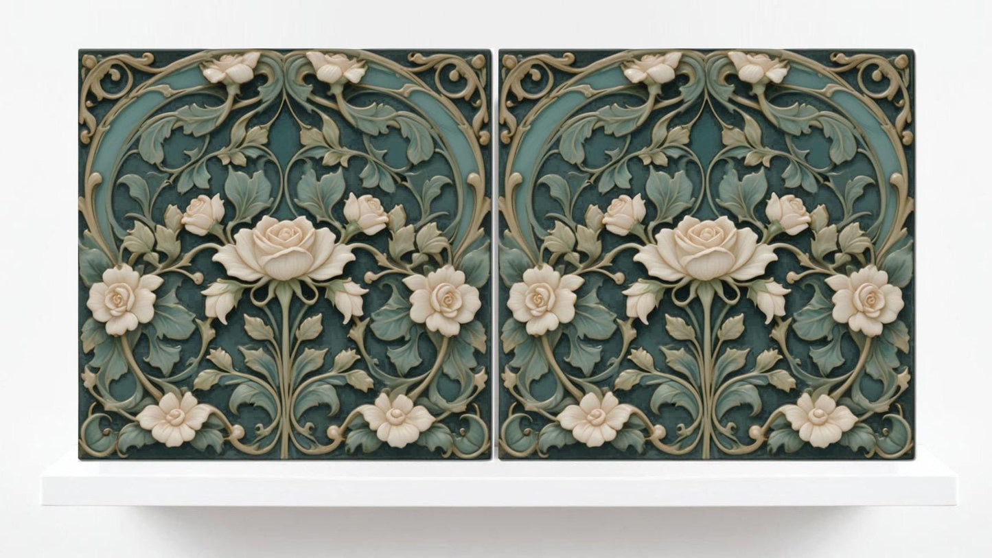 Art Nouveau Tile Rose Flower Ceramic Tiles - Set of 2 Art Nouveau Wall Decor Tiles -Kitchen Backsplash Tiles,Bathroom Tiles, Shower Wall Art