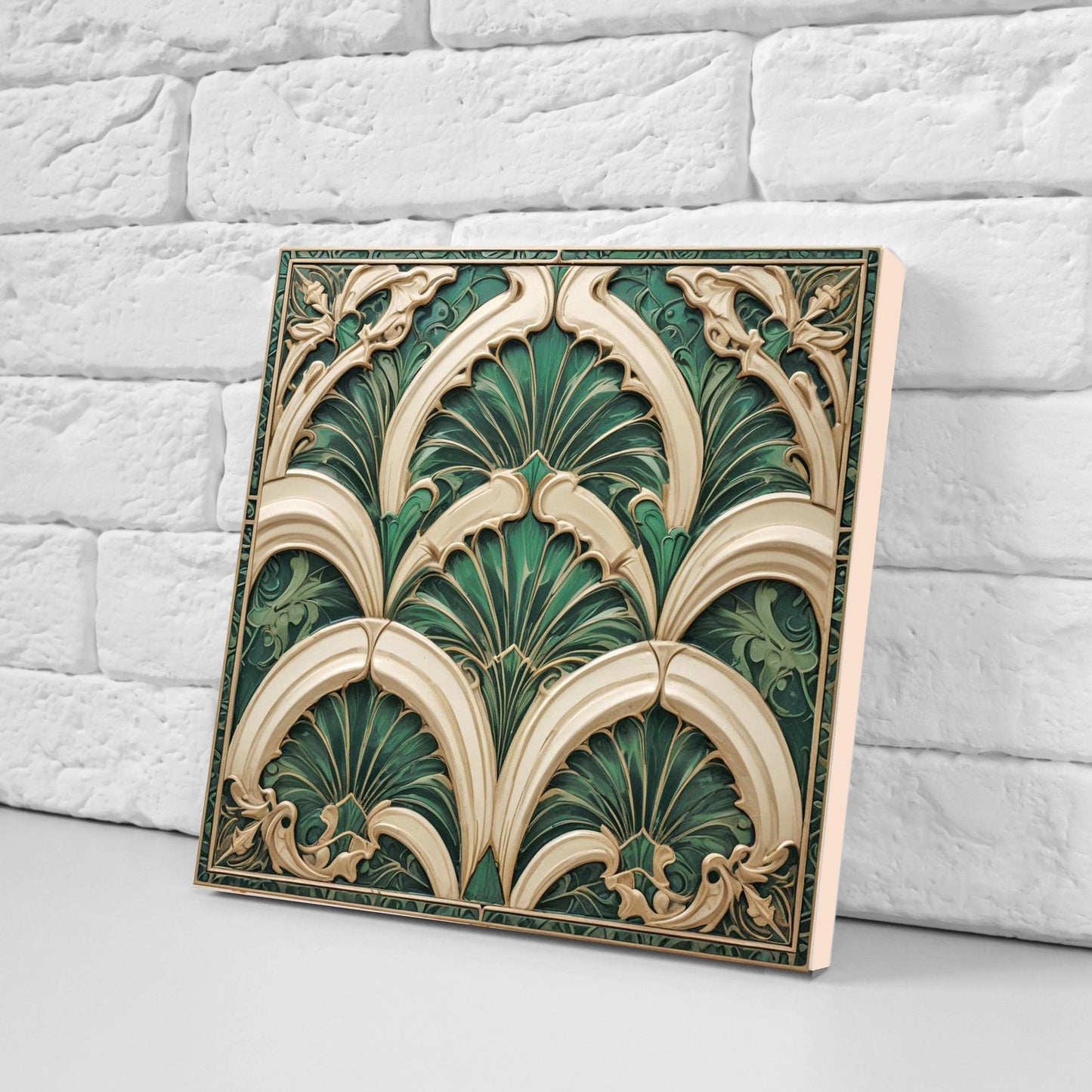 Art Deco Ceramic Tiles Green- Set of 2 Art Deco Wall Decor Geometric Tiles - Kitchen Backsplash Tiles,Table Decorative Tiles, Bathroom Tiles