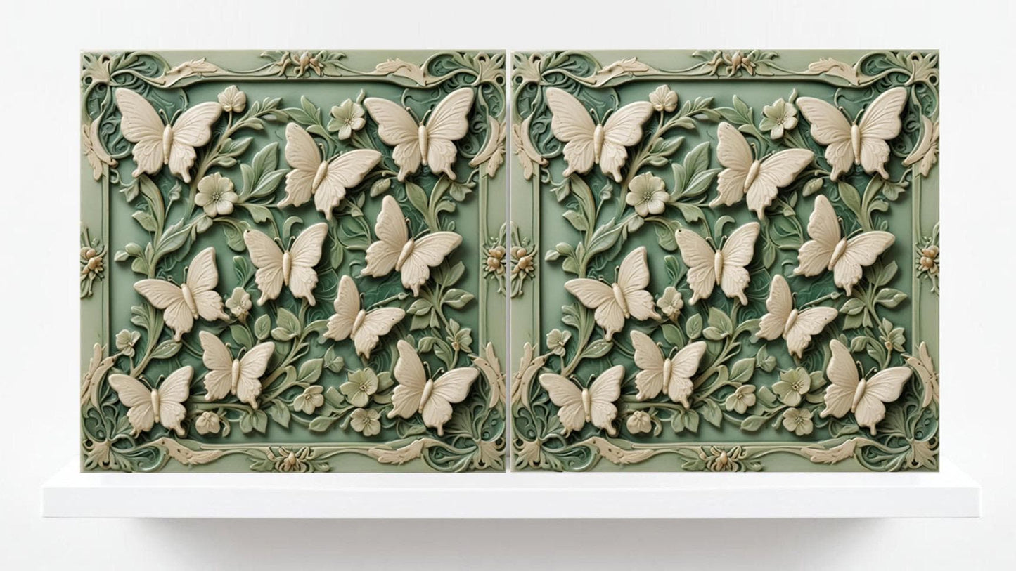 Butterfly Tile - Set of 2 Green Art Nouveau Tiles Wall Decor print -Kitchen Backsplash, Home Decor,Bathroom,Shower,Sink Splashback,Fireplace