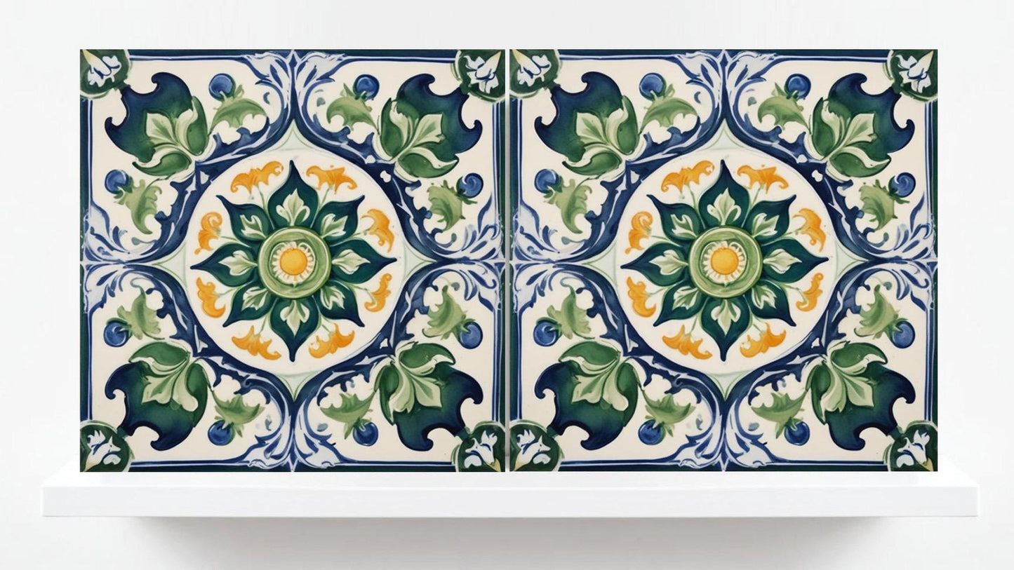 Italian Majolica Tiles Flower -Set of 2 Sicilian Wall Decor Tiles-Kitchen Backsplash Tiles, Sink Splashback,Bathroom,Shower Wall Art,Coaster