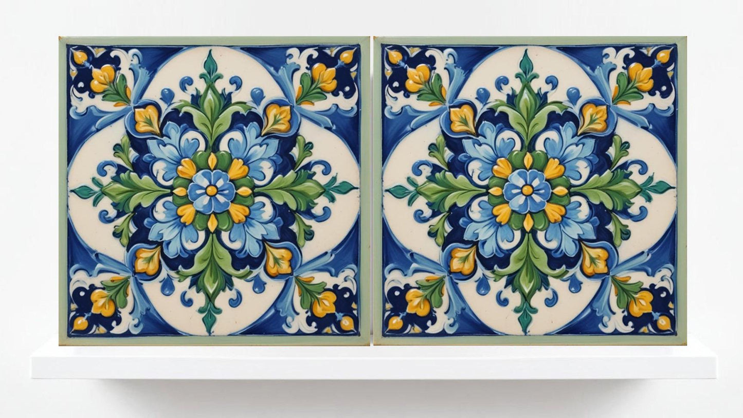 Italian Majolica Tiles - Set of 2 Sicilian Wall Decor Tiles - Kitchen Backsplash Tiles, Table Decorative Tiles, Bathroom Tiles, Coaster