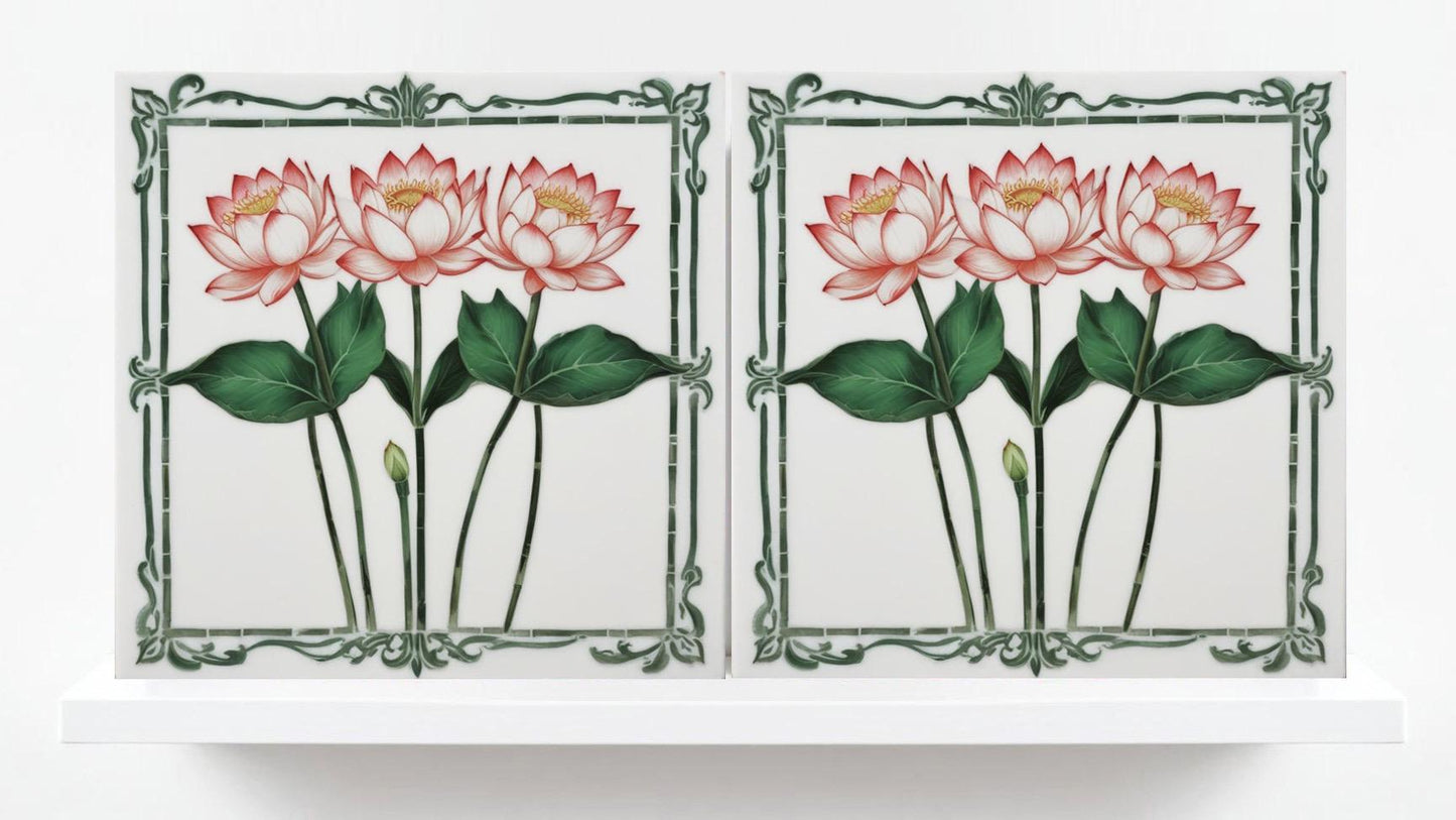 Lotus Tile Art Nouveau Flower Ceramic Tiles - Set of 2 Art Nouveau Wall Decor Tiles - Kitchen Backsplash Tiles, Shower Tiles, Bathroom Tiles