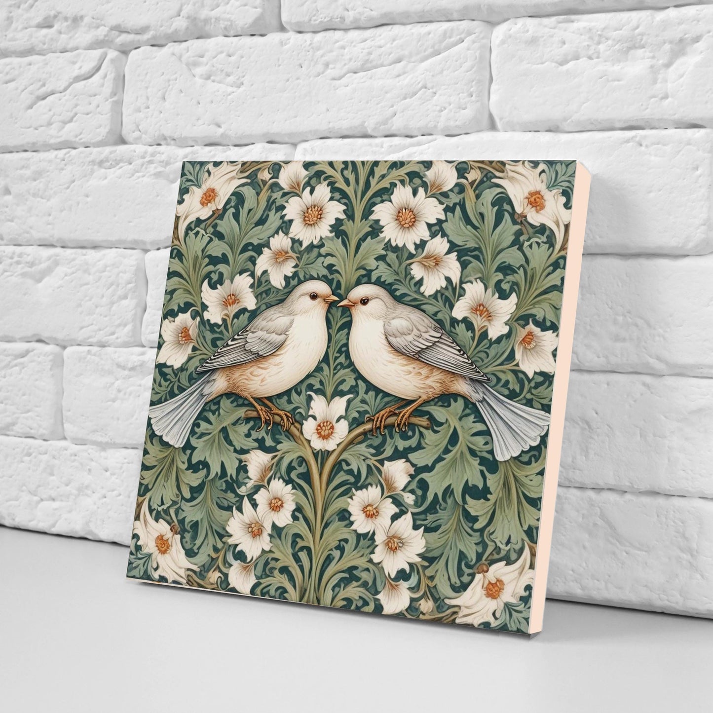 Green Art Nouveau Bird and Flower Ceramic tiles -Set of 2 Botanical Tiles Birds Wall Decor ,Birds Tiles -Kitchen Backsplash Tiles,Bathroom