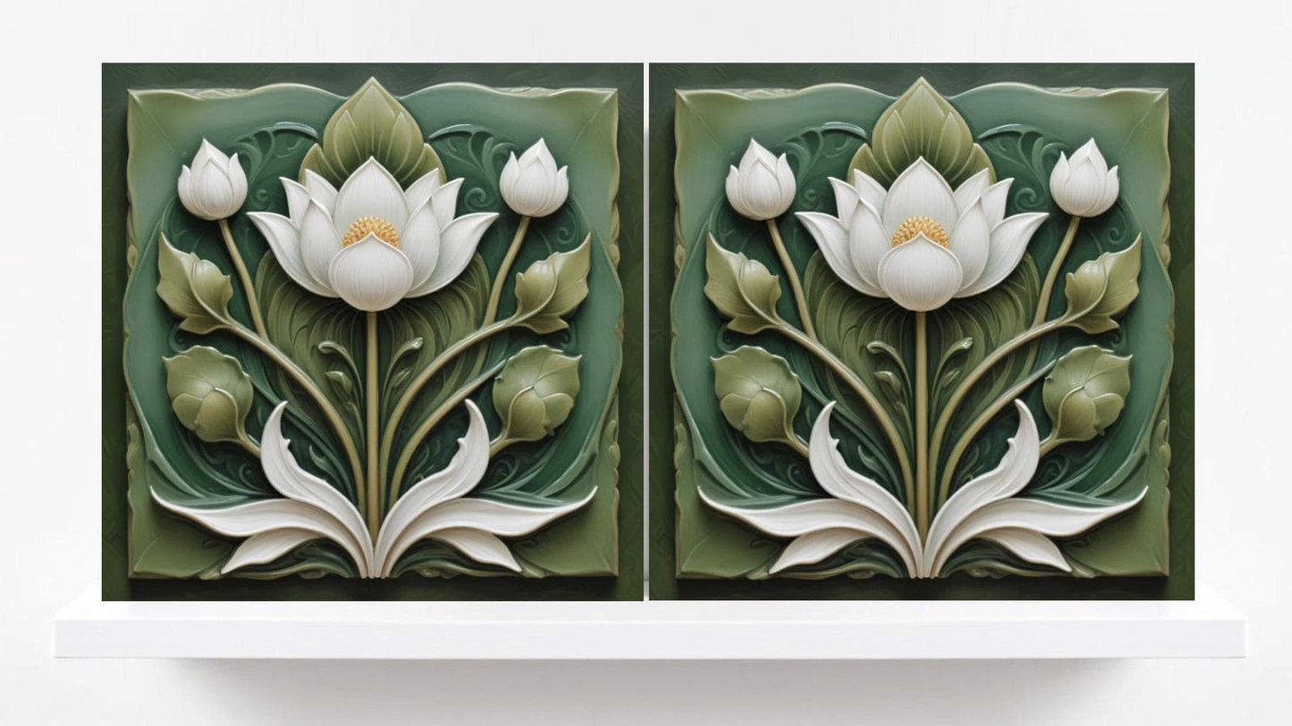 Lotus Tile Green Art Nouveau Tiles Flower Ceramic Tiles -Set of 2 Floral Wall Decor Tiles -Kitchen Backsplash Tiles,Shower Tiles,Bathroom