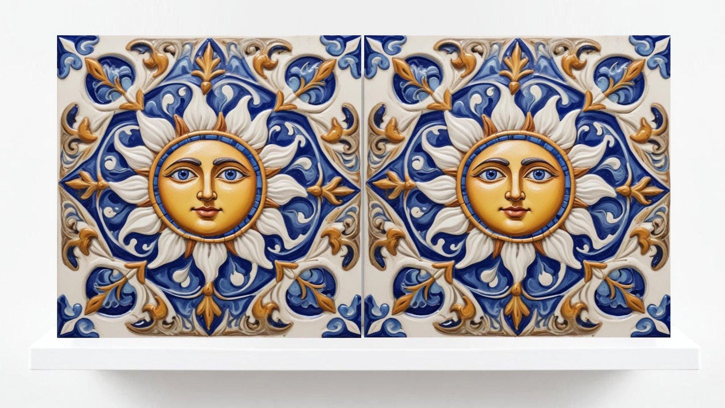 Sicilian Sun Ceramic tiles - Set of 2 Sicilian Wall Decor Tiles - Kitchen Backsplash, Bathroom ,Shower Wall, Italian Tiles,Sink Splashback