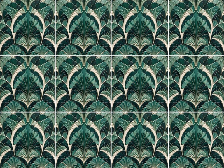 Art Deco Ceramic Tiles Green- Set of 2 Art Deco Wall Decor Geometric Tiles - Kitchen Backsplash Tiles,Table Decorative Tiles, Bathroom Tiles