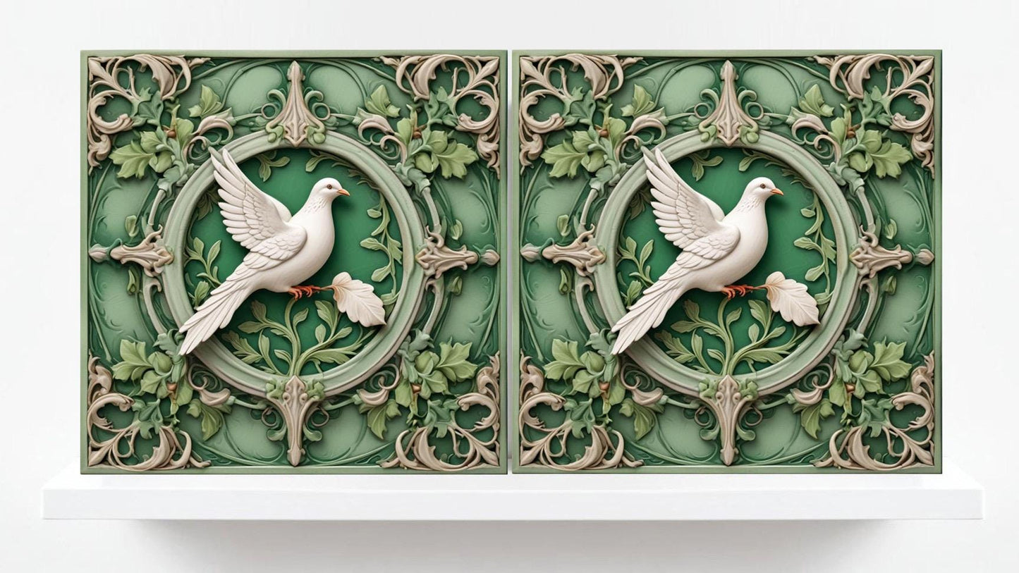 Dove Wall Art Tile Art Nouveau Bird Ceramic tiles-Set of 2 Botanical Bird Art Decor Tiles,Bird Print,Kitchen Backsplash ,Bathroom, Shower