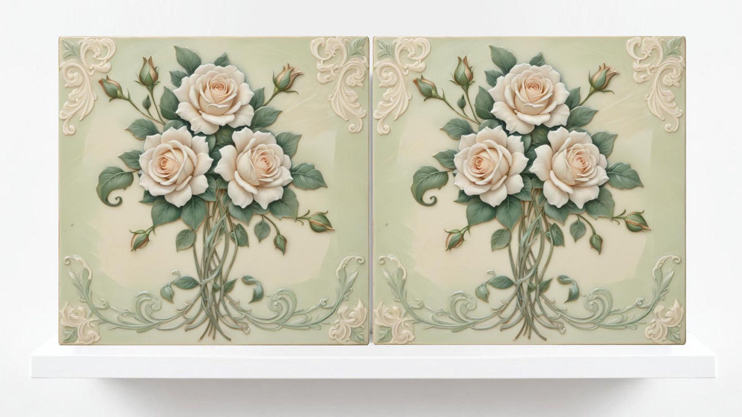 Art Nouveau Tile Rose Flower Ceramic Tiles - Set of 2 Botanical Wall Decor Tiles -Kitchen Backsplash ,Bathroom, Sink, Shower Wall Art Print