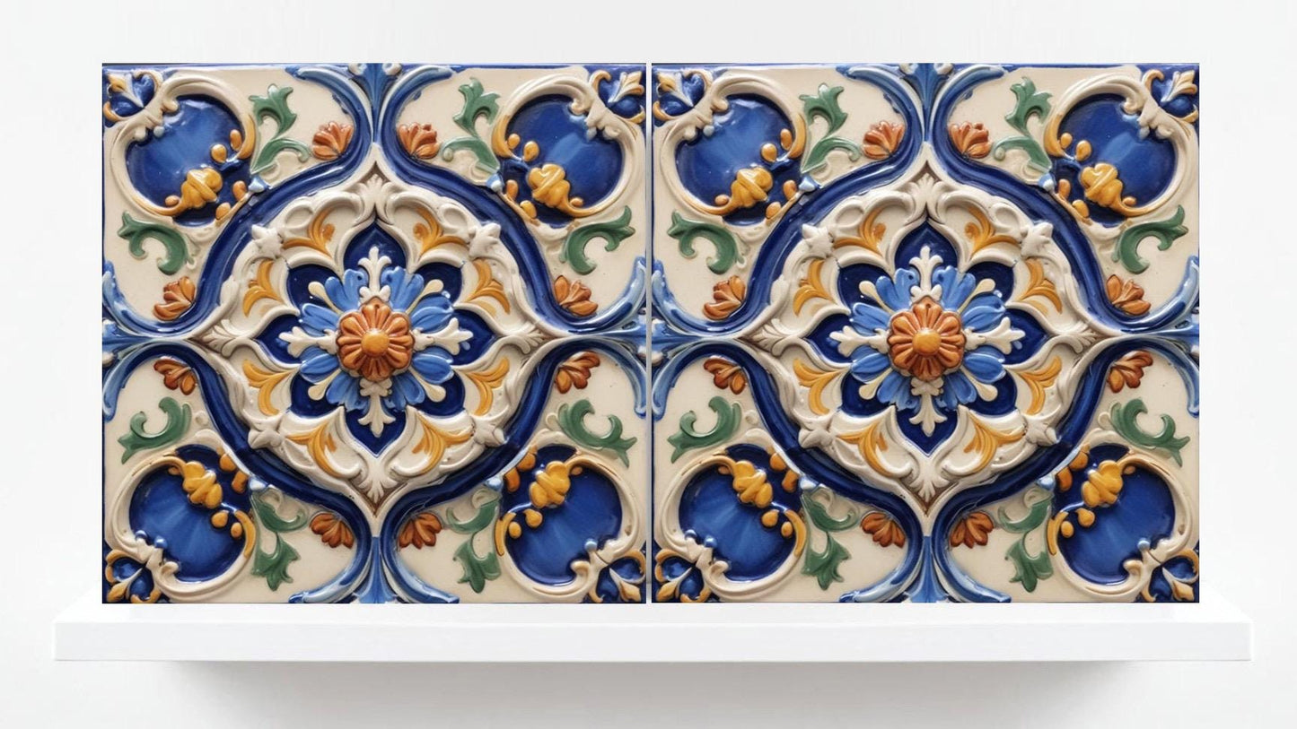 Italian Majolica Tiles -Set of 2 Sicilian Wall Decor Flower Tiles-Kitchen Backsplash Tiles, Sink Splashback,Bathroom,Shower Wall Art,Coaster