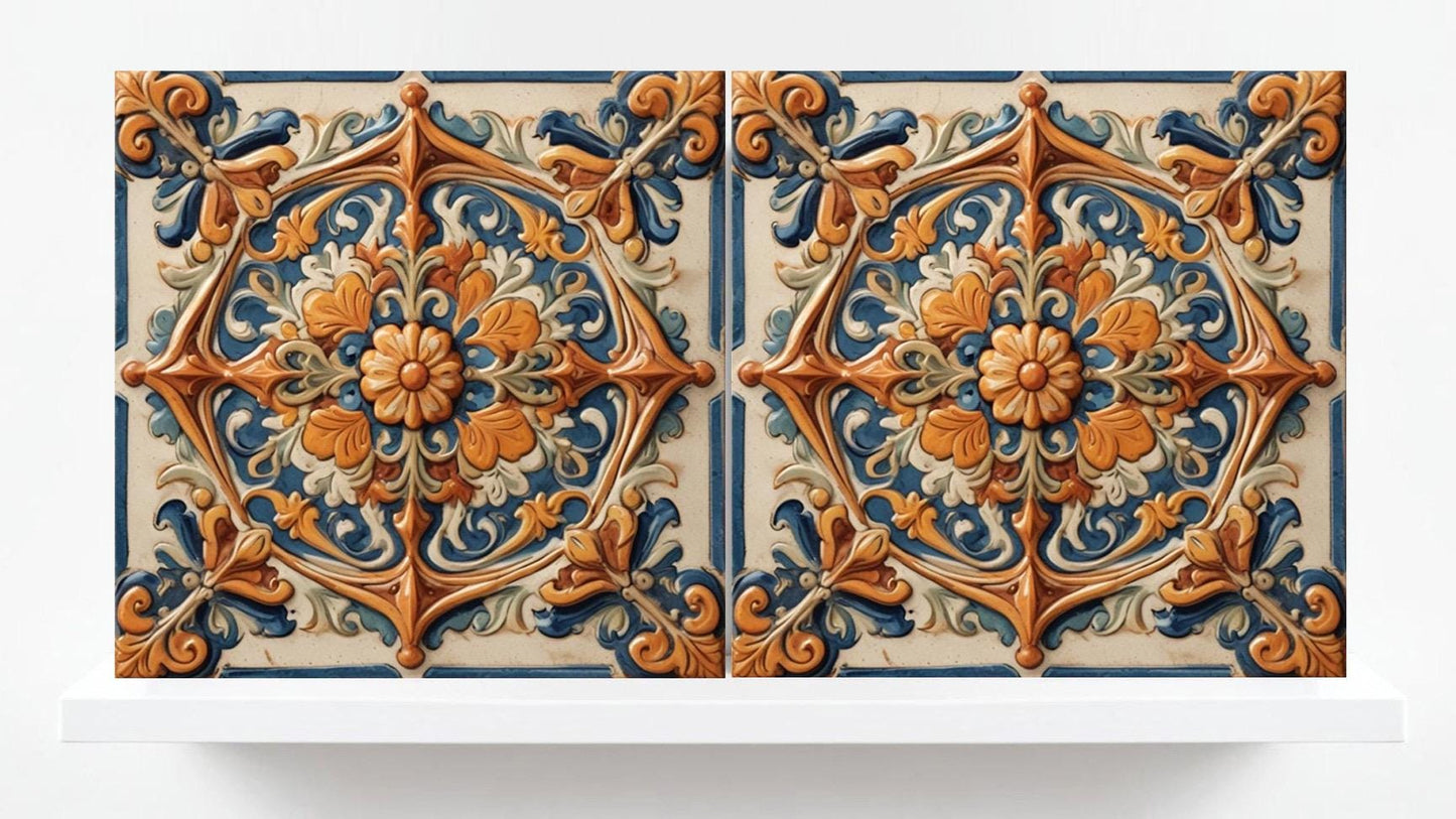 Italian Majolica Tiles - Set of 2 Sicilian Wall Decor Tiles - Kitchen Backsplash, Sink Splashback,Bathroom,Shower Wall Art,Fireplace,Coaster