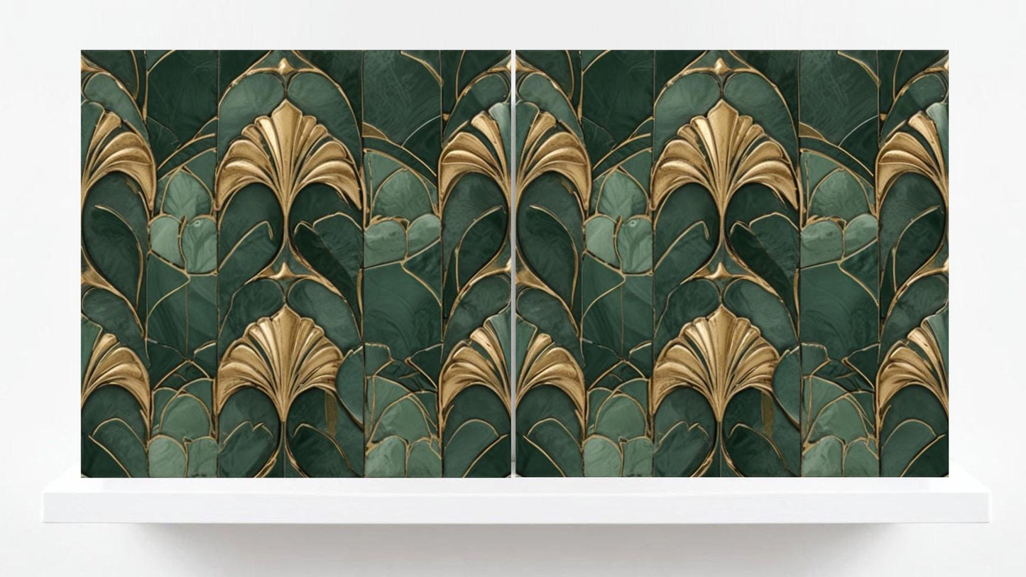 Art Deco Ceramic Tiles Green- Set of 2 Art Deco Wall Decor Geometric Tiles - Kitchen Backsplash Tiles,Table Decorative Tiles, Bathroom Tiles
