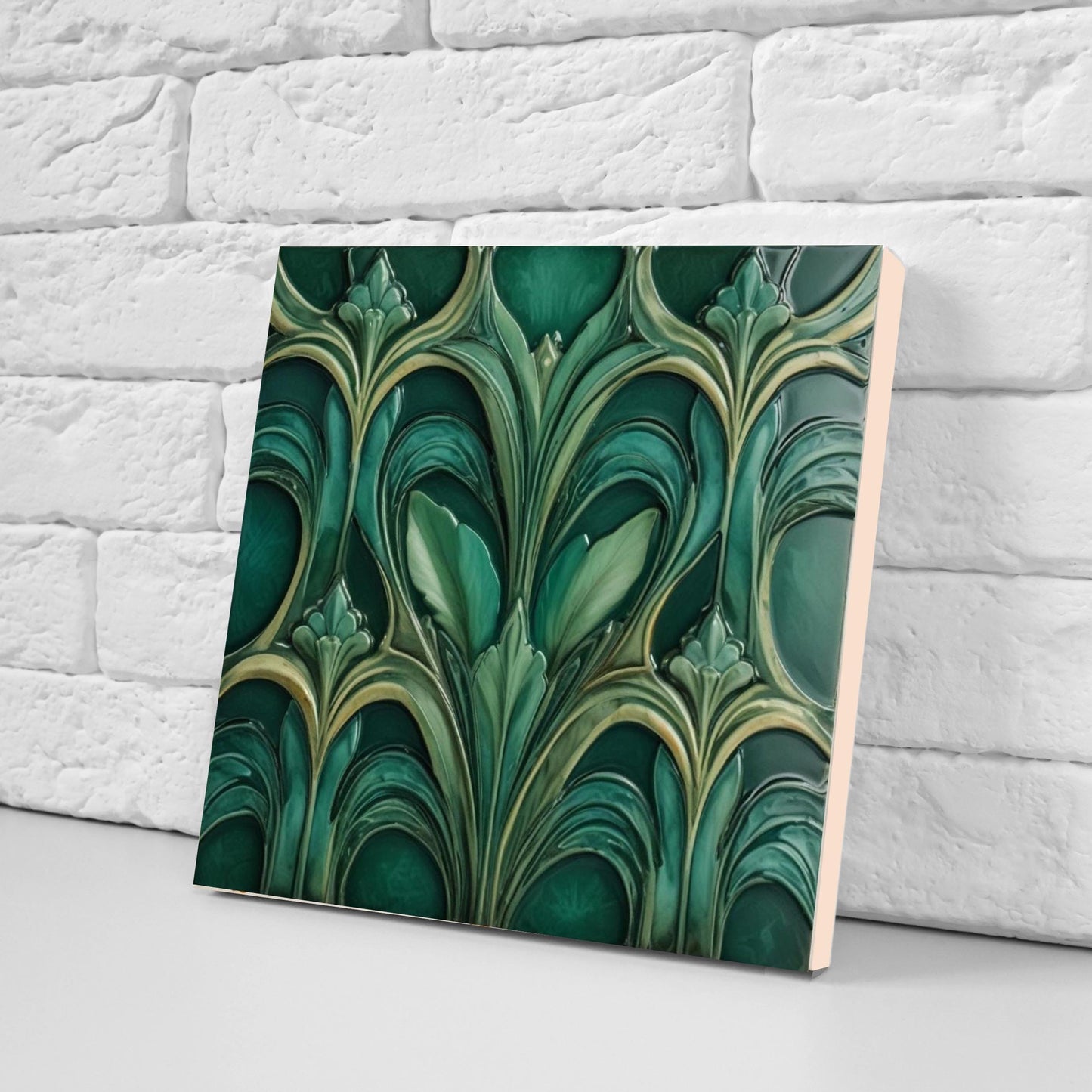 Art Deco Ceramic Tiles Green- Set of 2 Art Deco Wall Decor Geometric Tiles - Kitchen Backsplash Tiles,Table Decorative Tiles, Bathroom Tiles
