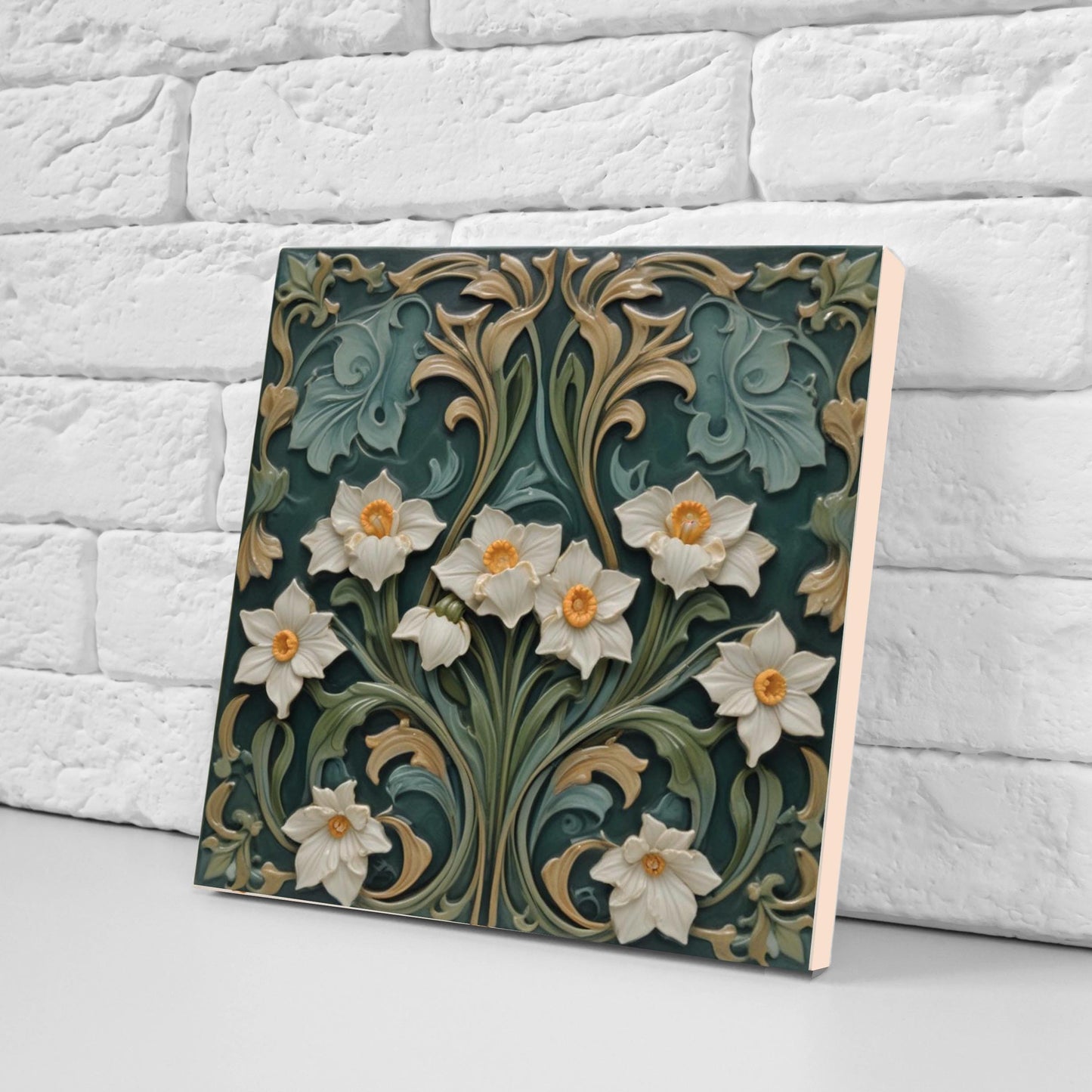 Daffodil Tile Green Art Nouveau Tiles - Set of 2 - Flower Botanical Art Print Ceramic Tiles - Kitchen Backsplash, Bathroom,Sink Splashback