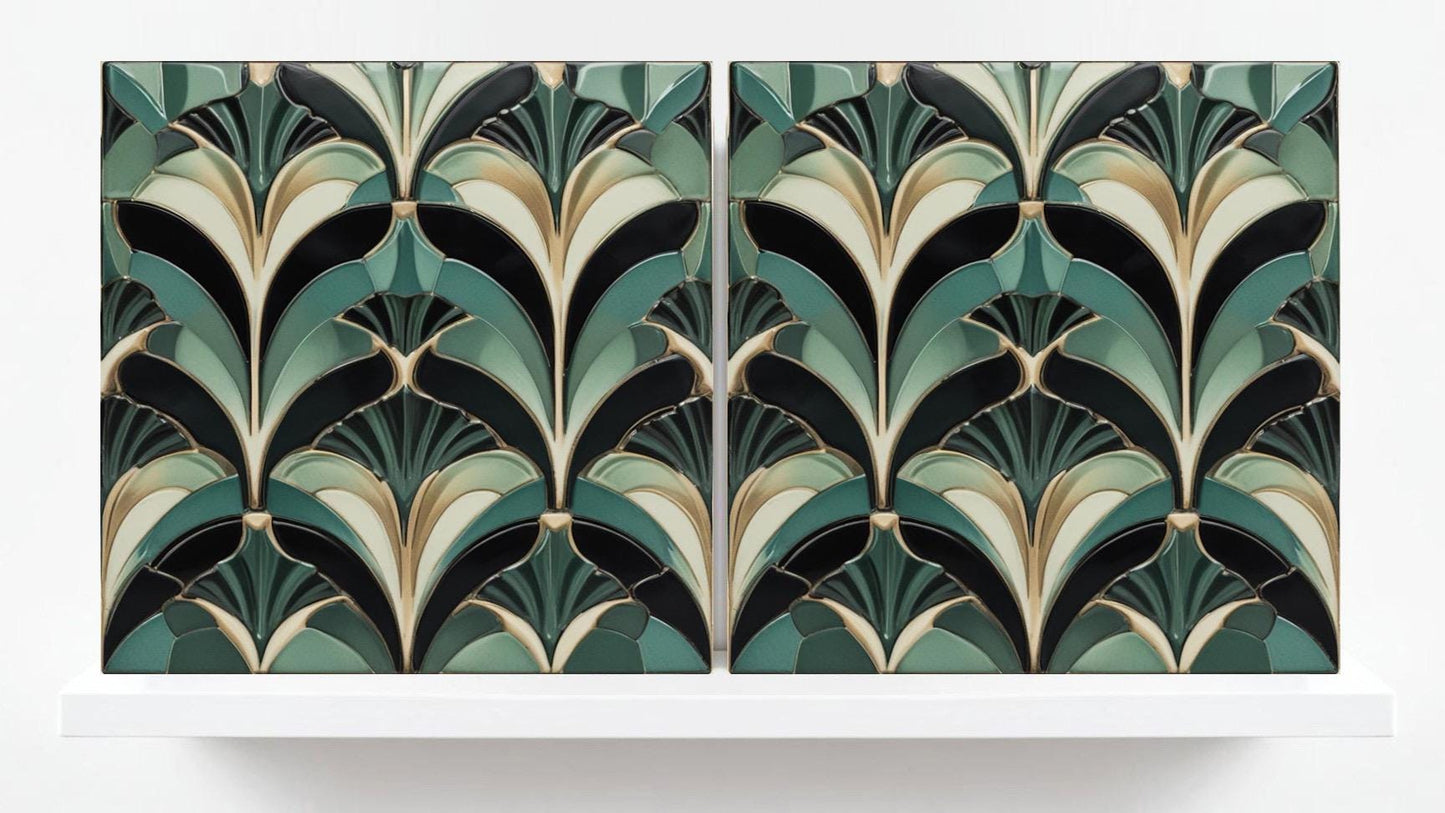 Art Deco Ceramic Tiles Green- Set of 2 Art Deco Wall Decor Geometric Tiles - Kitchen Backsplash Tiles,Table Decorative Tiles, Bathroom Tiles