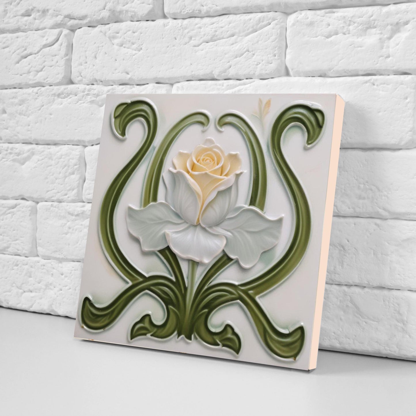 Art Nouveau Tile Rose Flower Ceramic Tiles - Set of 2 Green Art Nouveau Tiles Wall Decor -Kitchen Backsplash Tiles,Bathroom, Shower Wall Art