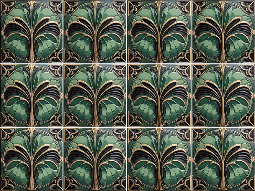 Art Deco Ceramic Tiles Green- Set of 2 Art Deco Wall Decor Geometric Tiles - Kitchen Backsplash Tiles,Table Decorative Tiles, Bathroom Tiles