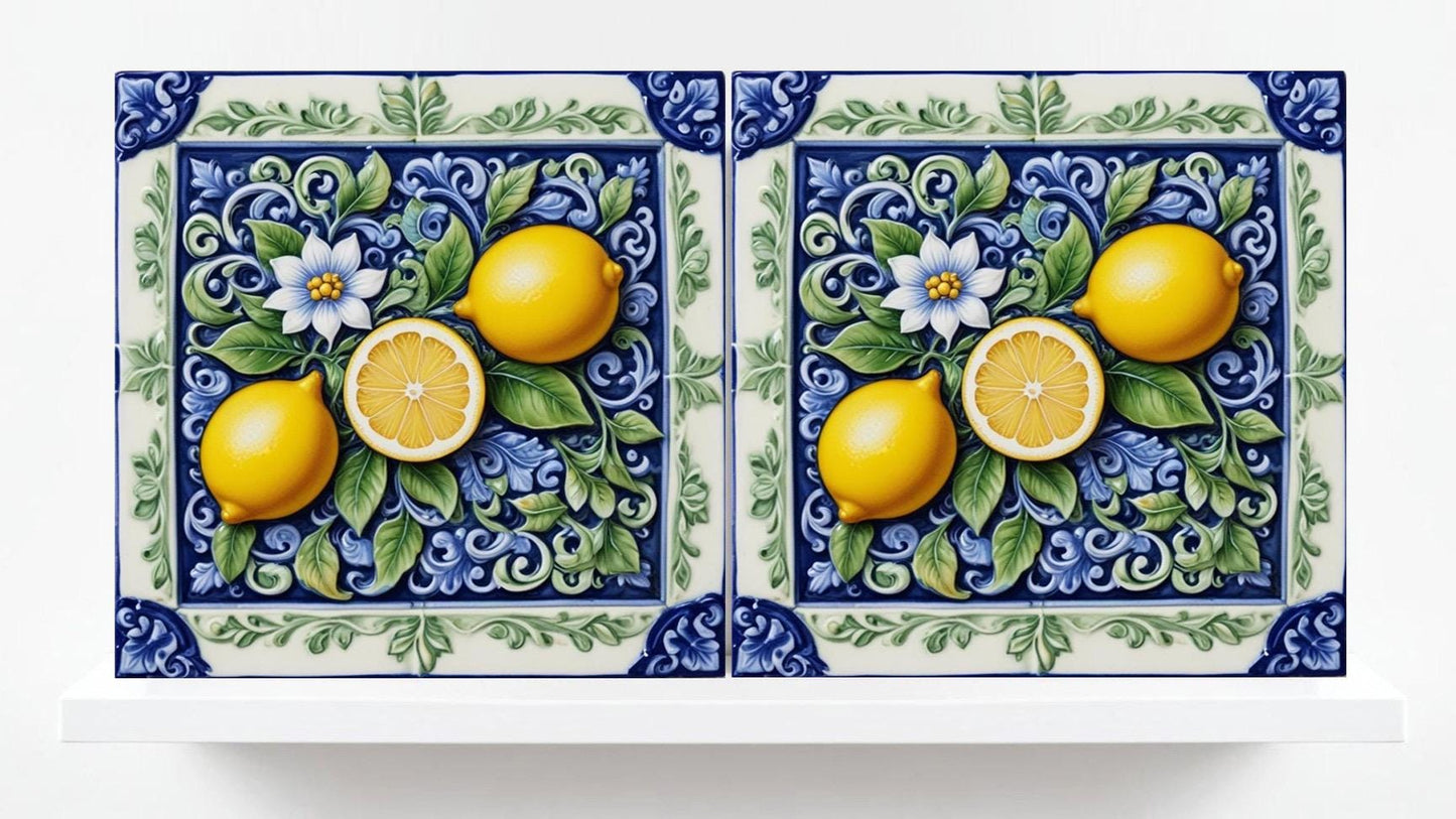 Italian Majolica Lemon Tiles - Set of 2 Mediterranean Wall Decor Tiles -Kitchen Backsplash, Table Decorative,Bathroom, Shower Wall,Fireplace
