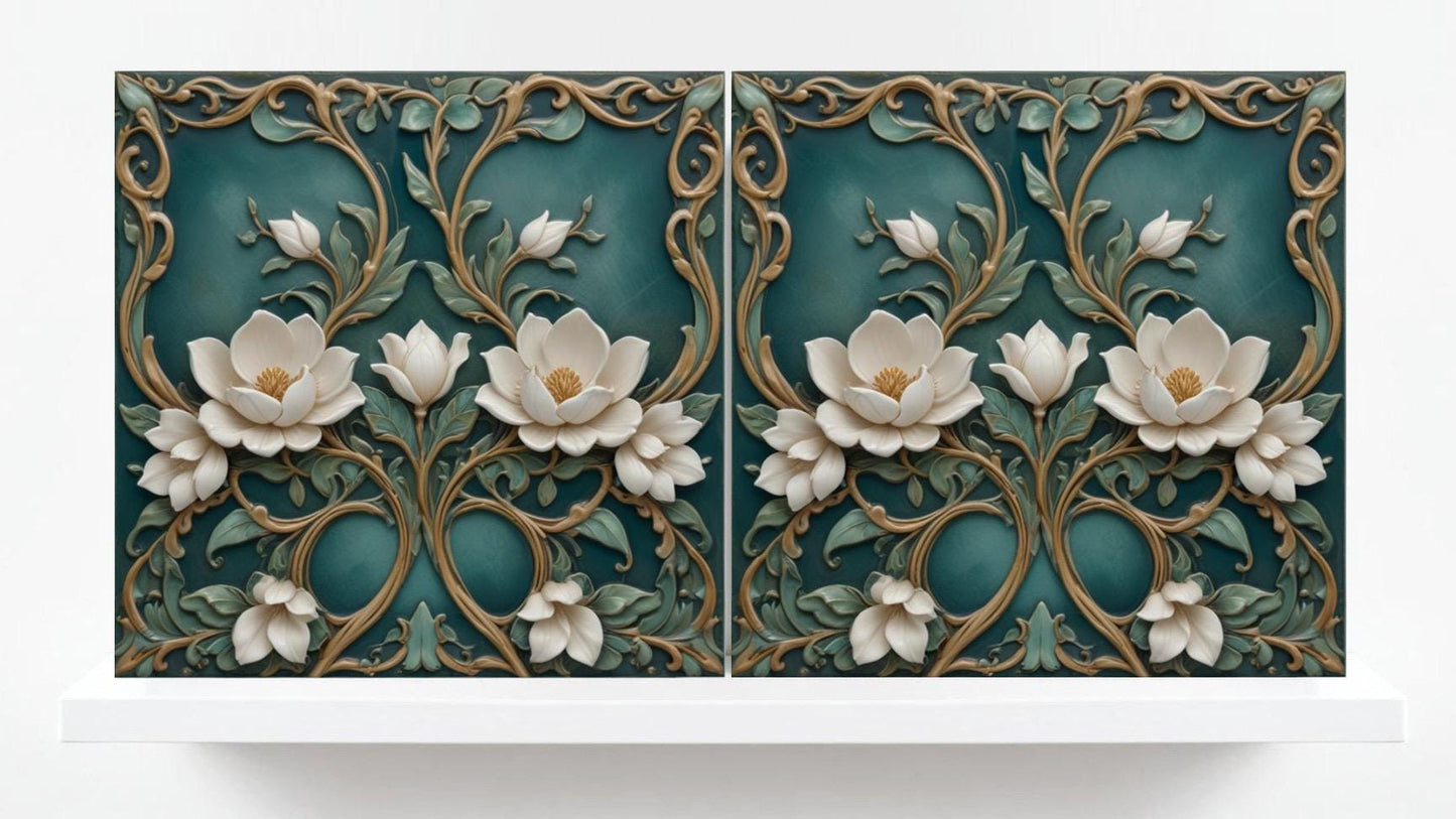 Lotus Tile Green Art Nouveau Tiles Flower Ceramic Tiles -Set of 2 Floral Wall Decor Tiles -Kitchen Backsplash,Shower,Bathroom,Sink,Fireplace