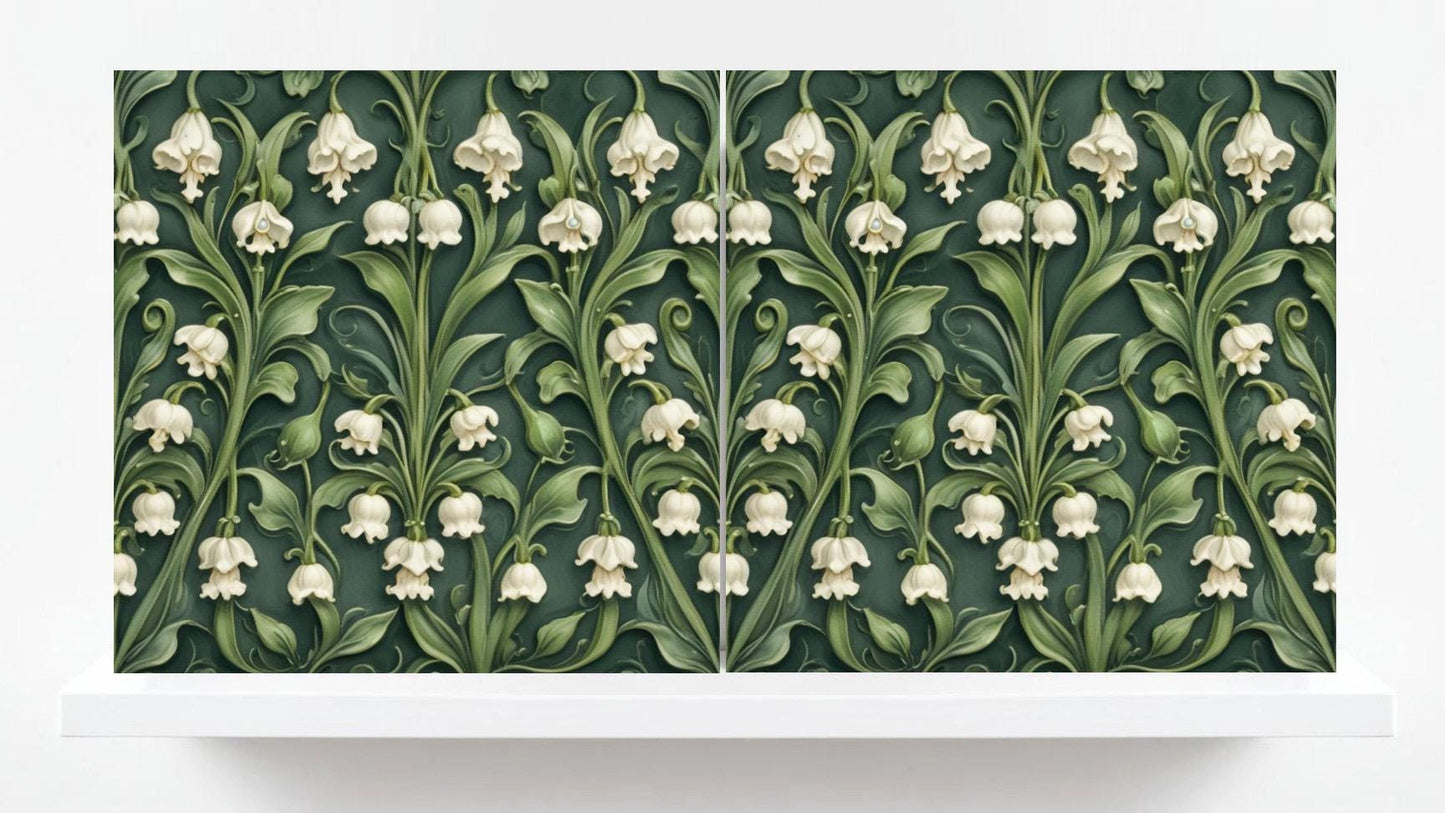 Lily of The Valley Tile Green Art Nouveau Tiles Flower Print Ceramic Tiles - Set of 2 Art Nouveau Wall Decor - Kitchen Backsplash, Bathroom