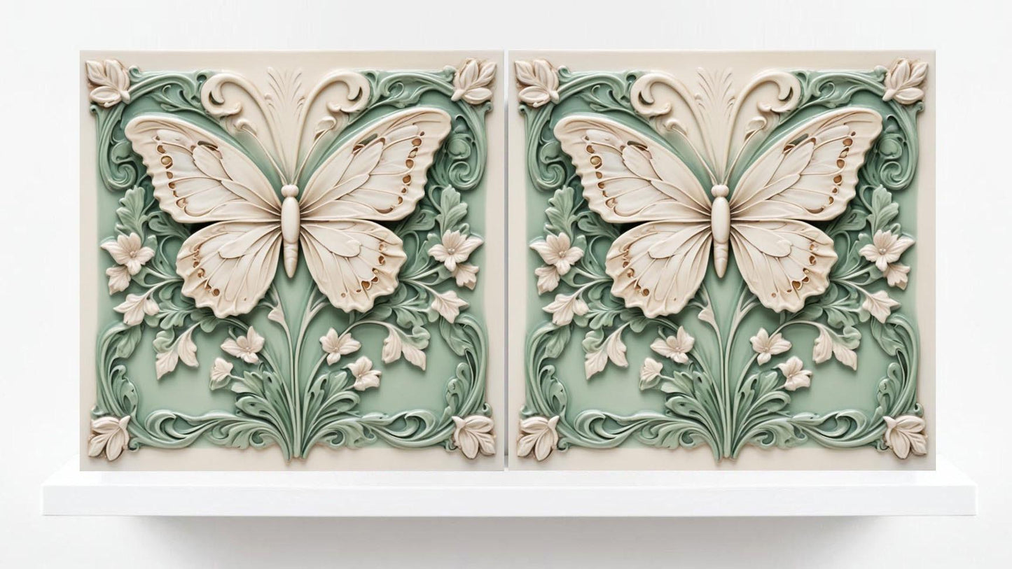 Butterfly Tile - Set of 2 Green Art Nouveau Tiles Wall Decor print -Kitchen Backsplash, Home Decor,Bathroom,Shower,Sink Splashback,Fireplace