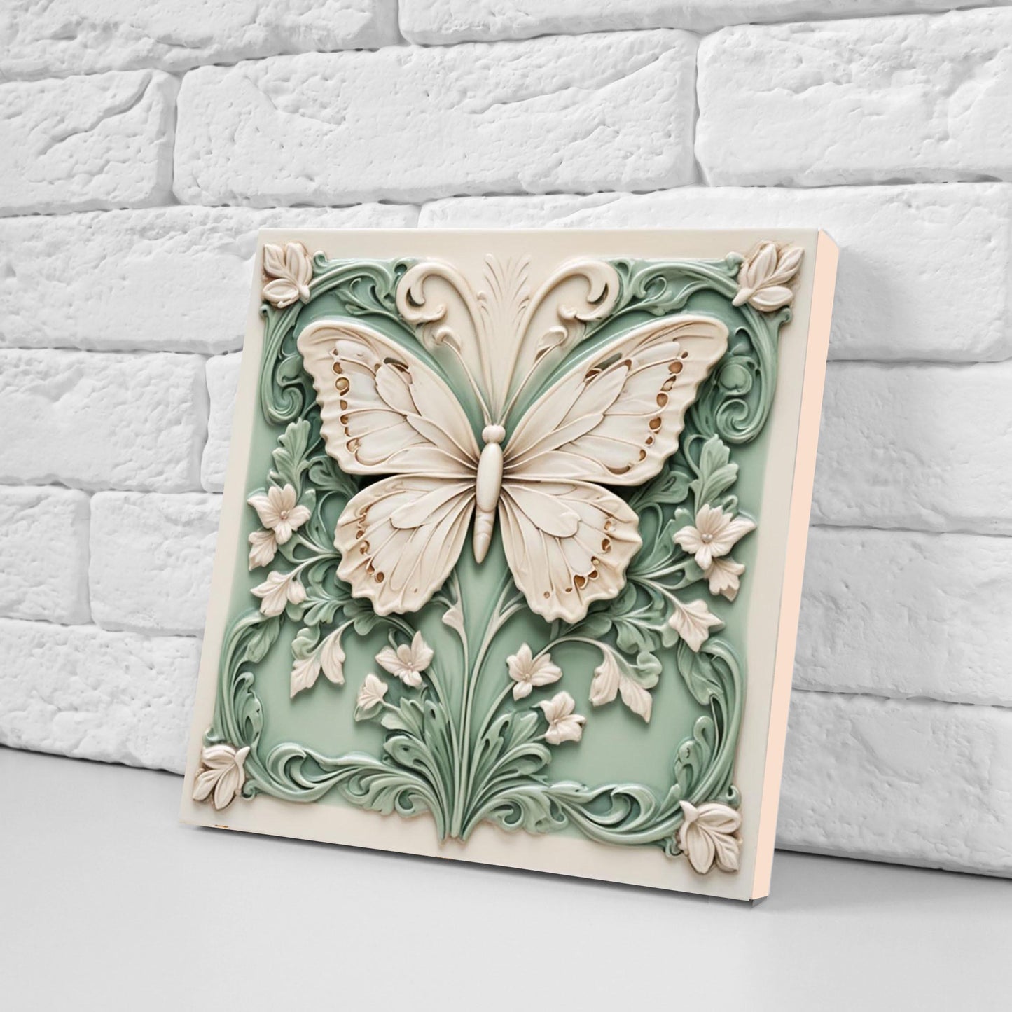 Butterfly Tile - Set of 2 Green Art Nouveau Tiles Wall Decor print -Kitchen Backsplash, Home Decor,Bathroom,Shower,Sink Splashback,Fireplace