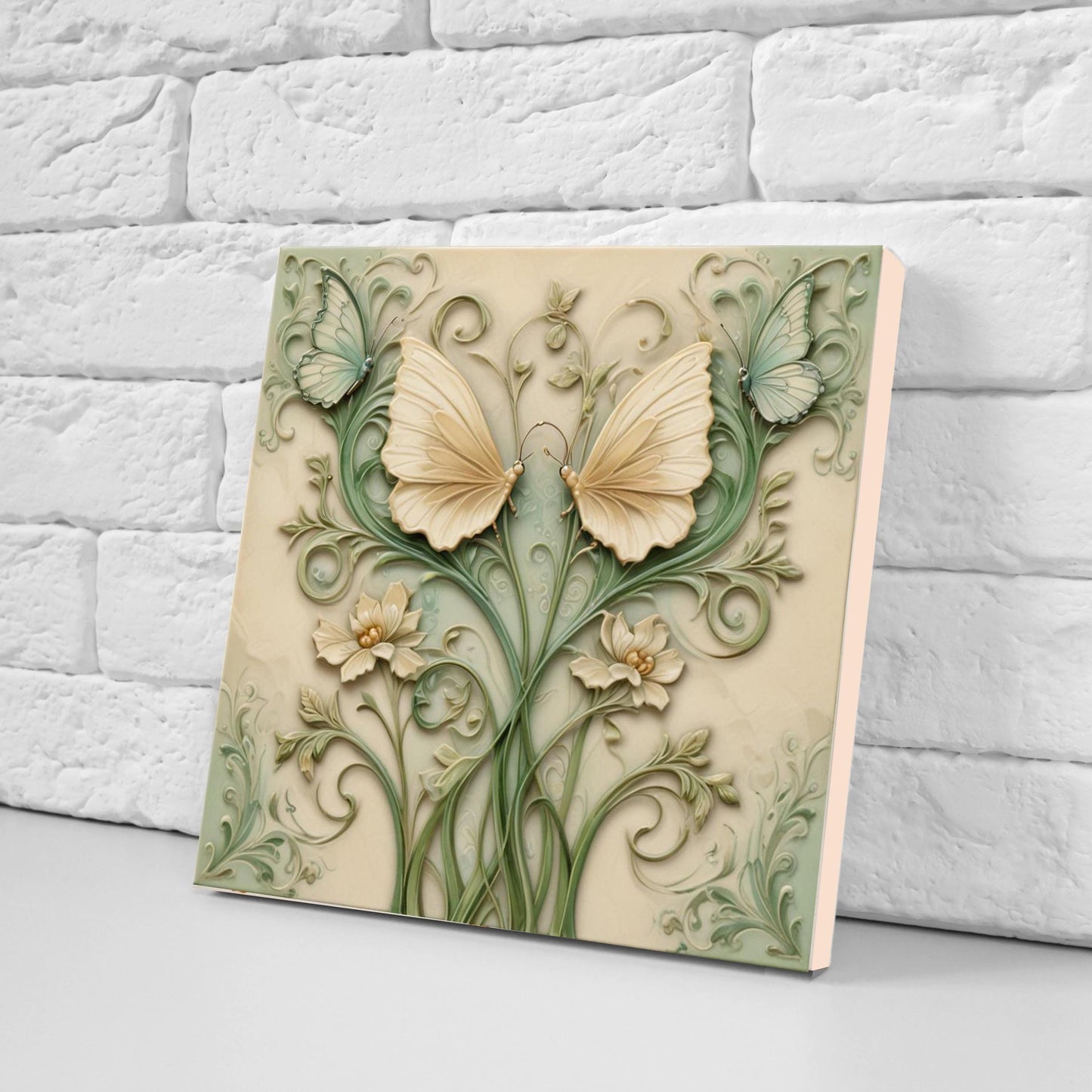 Butterfly Tile - Set of 2 Green Art Nouveau Botanical Tiles Wall Decor print -Kitchen Backsplash,Bathroom, Shower,Sink Splashback,Fireplace