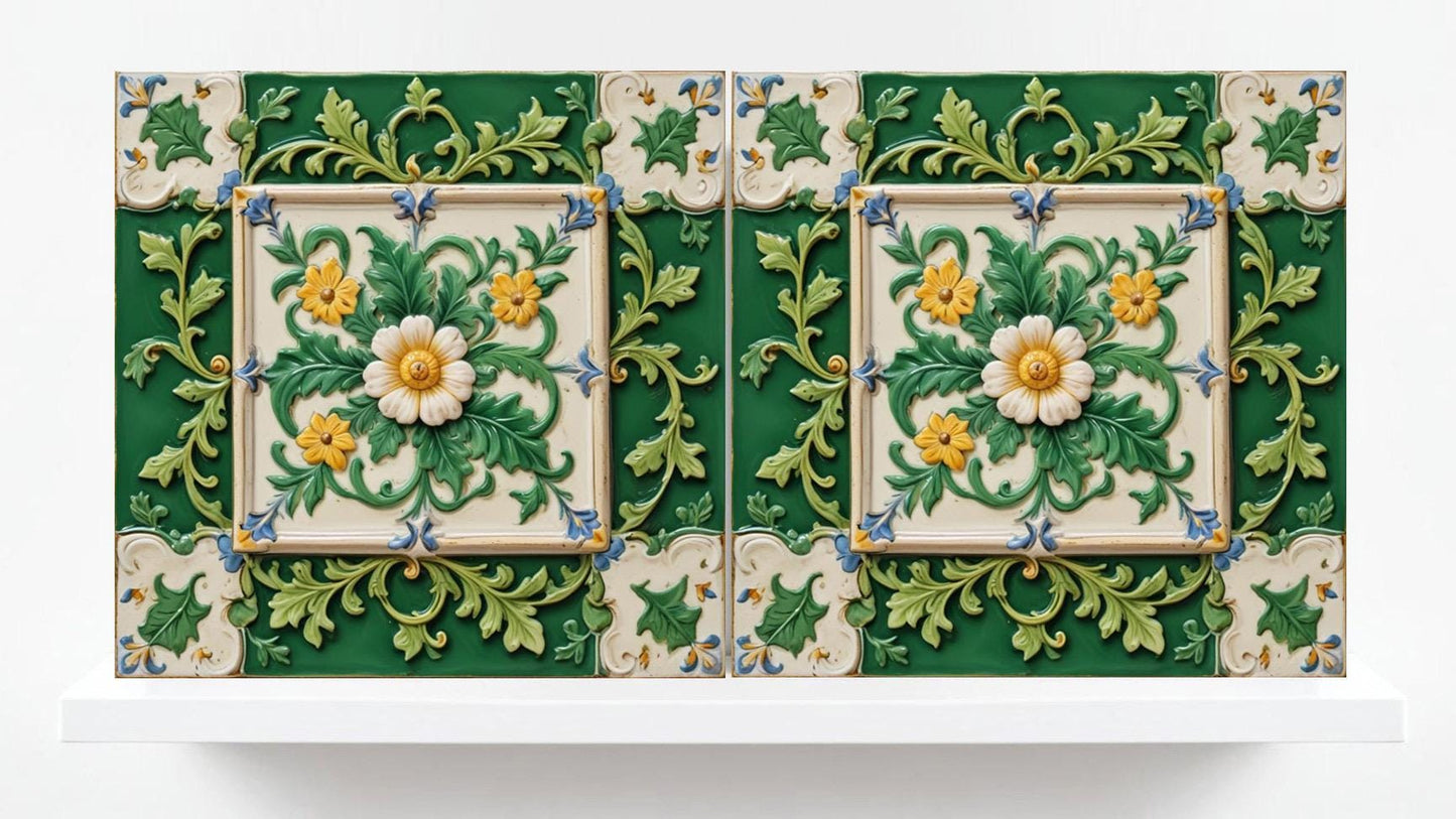 Italian Majolica Tiles Floral -Set of 2 Sicilian Wall Decor Tiles -Kitchen Backsplash Tiles, Table Decorative Tiles, Bathroom Tiles, Coaster