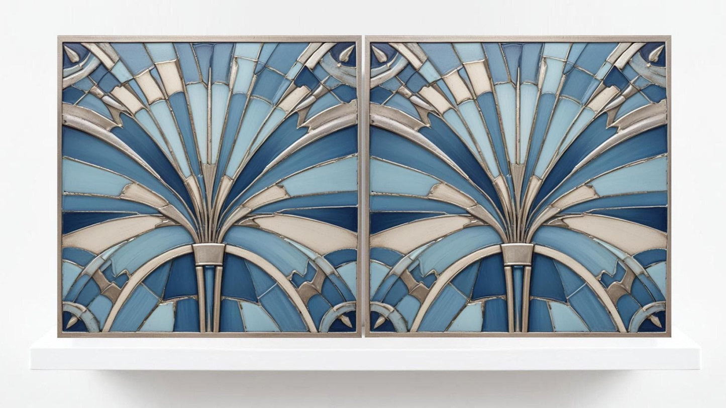 Art Deco Ceramic tiles Blue - Set of 2 Art Deco Wall Decor Geometric Tiles - Kitchen Backsplash , Bathroom, Sink Splashback, Accent Wall Art