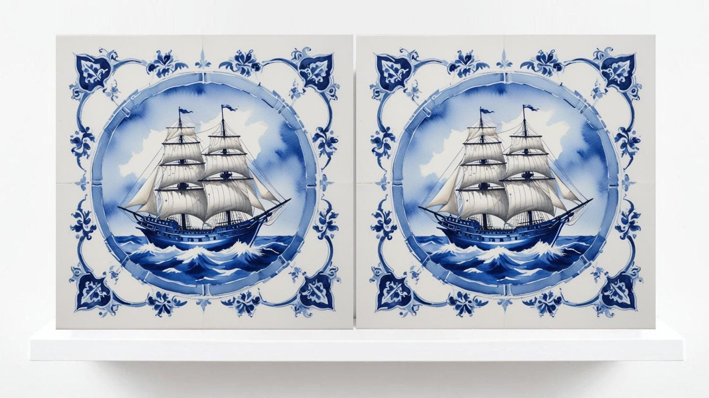 Delft Blue Ceramic Tile - Set of 2 Ceramic Delftware Tiles-Delft Tile with Ship - Delft Prints- Kitchen Backsplash,Sink,Bathroom,Shower Wall