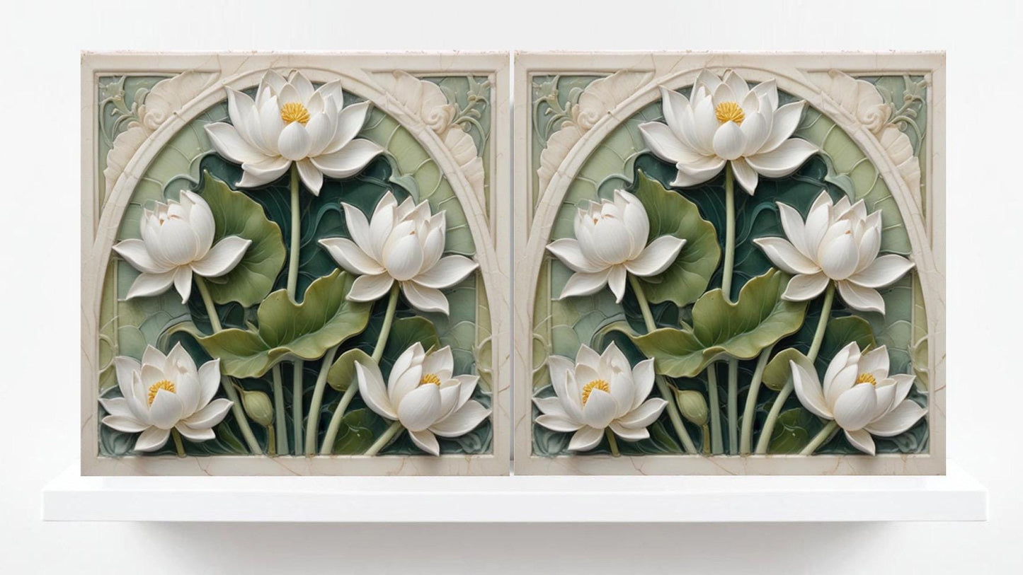 Lotus Tile Art Nouveau Flower Ceramic Tiles - Set of 2 Art Nouveau Wall Decor Tiles -Kitchen Backsplash,Shower,Bathroom Wall,Sink splashback