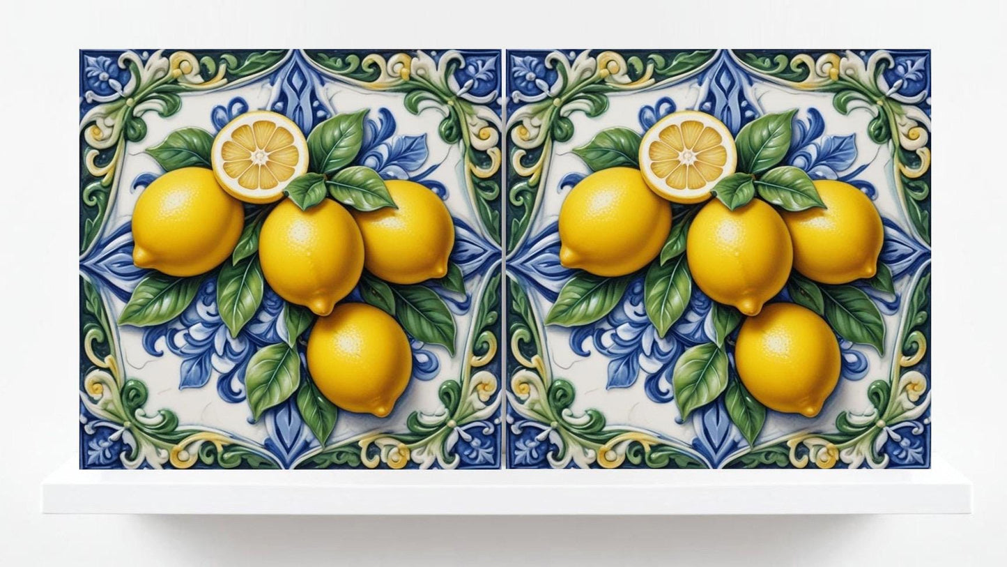 Italian Majolica Lemon Tiles - Set of 2 Mediterranean Wall Decor Tiles -Kitchen Backsplash, Table Decorative,Bathroom, Shower Wall,Fireplace