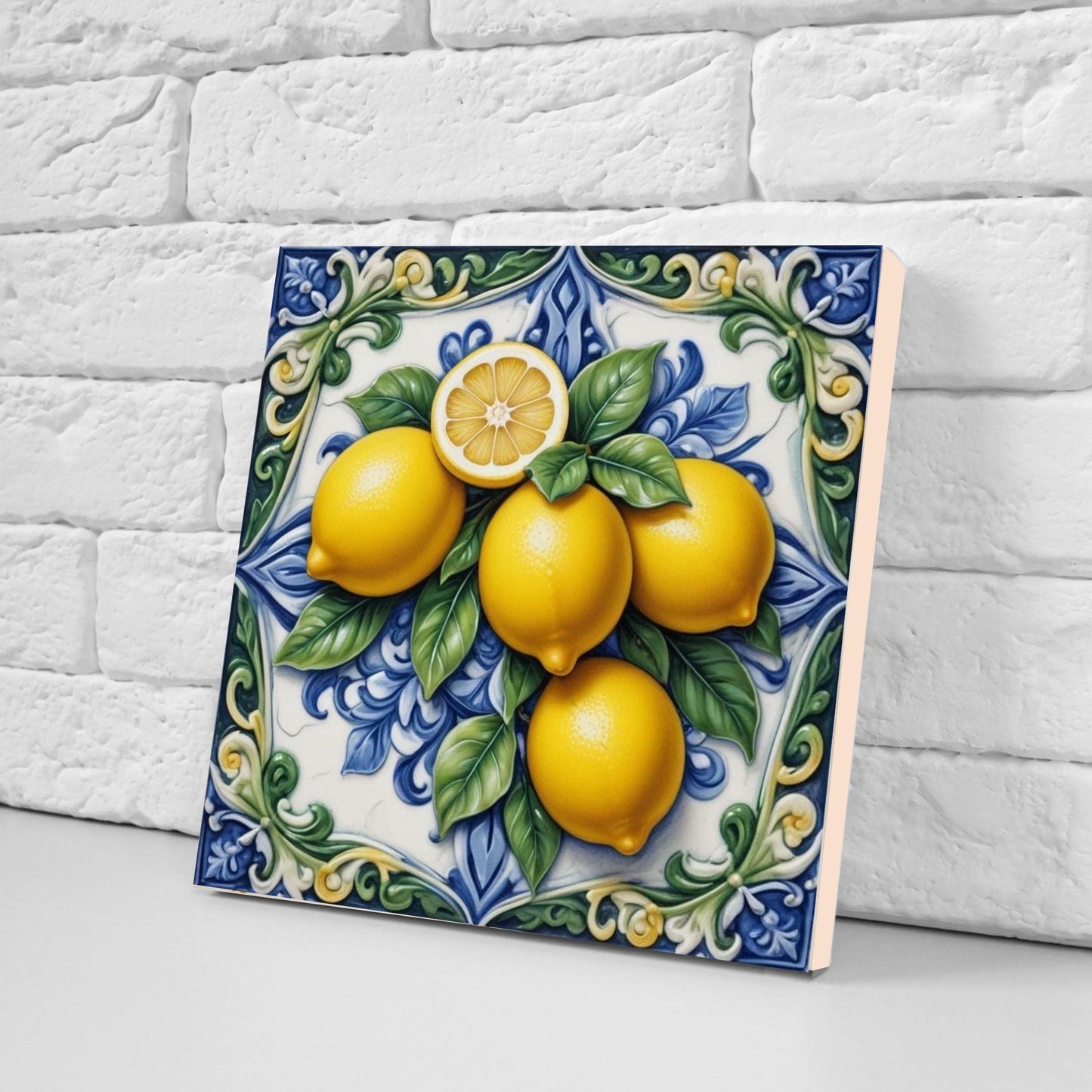 Italian Majolica Lemon Tiles - Set of 2 Mediterranean Wall Decor Tiles -Kitchen Backsplash, Table Decorative,Bathroom, Shower Wall,Fireplace