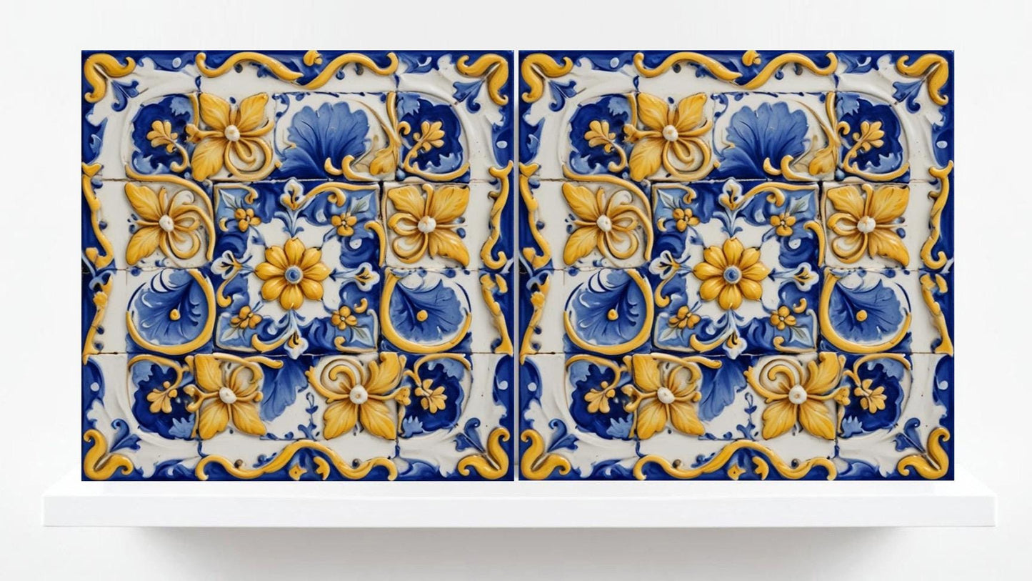 Italian Majolica Tiles-Set of 2 Sicilian Wall Decor Flower Tiles-Kitchen Backsplash Tiles,Sink Splashback,Bathroom,Shower Wall Art,Fireplace