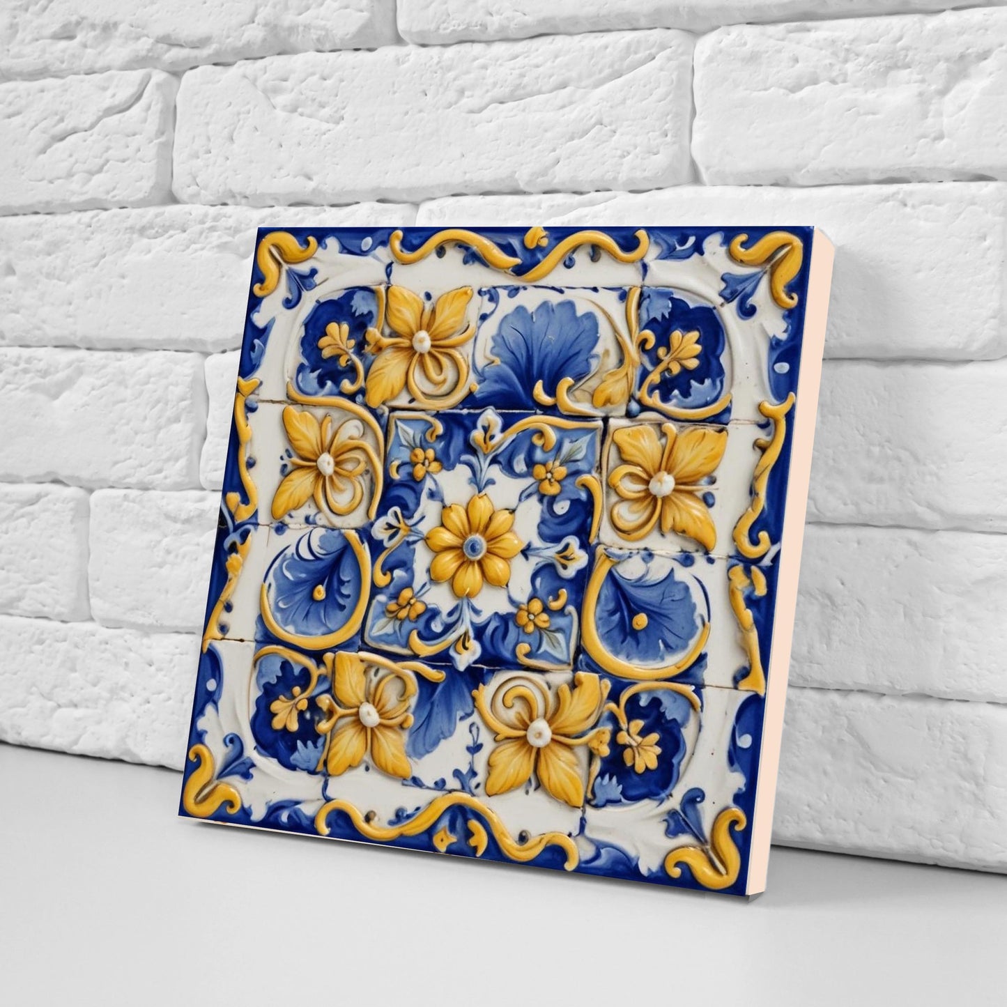 Italian Majolica Tiles-Set of 2 Sicilian Wall Decor Flower Tiles-Kitchen Backsplash Tiles,Sink Splashback,Bathroom,Shower Wall Art,Fireplace