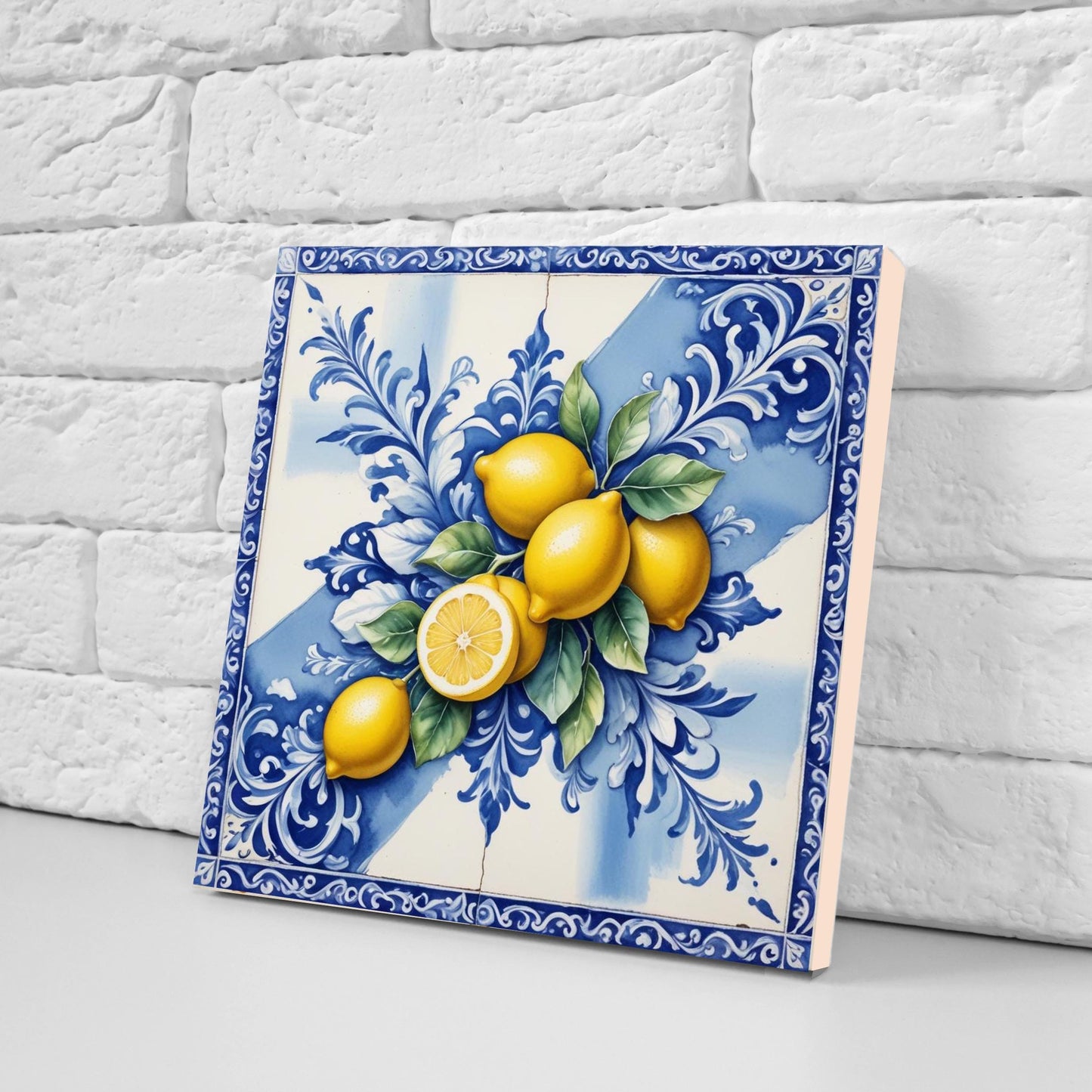 Italian Majolica Lemon Tiles - Set of 2 Mediterranean Wall Decor Tiles -Kitchen Backsplash,Shower Wall Art, Bathroom,Sink Splashback,Coaster