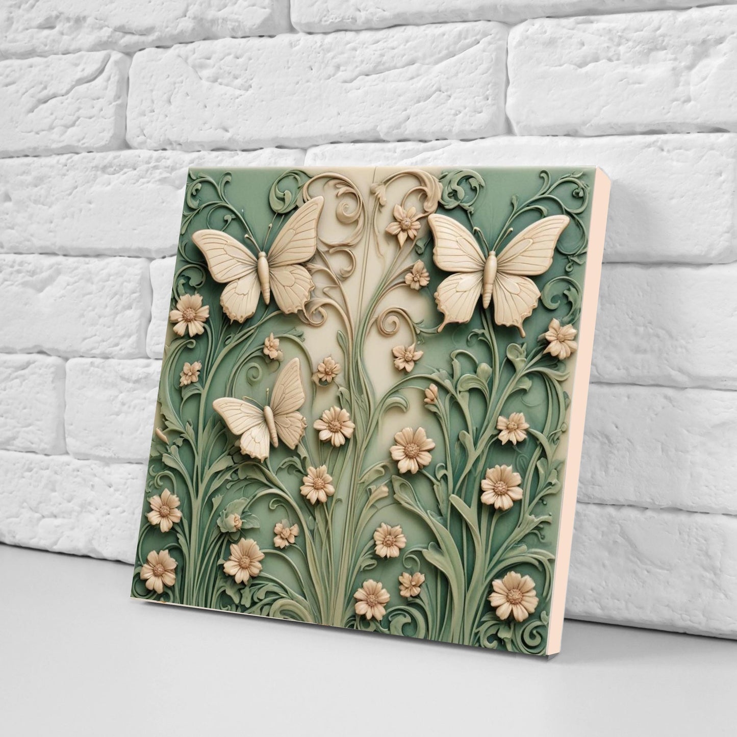 Butterfly Tile - Set of 2 Green Art Nouveau Tiles Floral Wall Decor Art print -Kitchen Backsplash ,Bathroom,Shower,Sink Splashback,Fireplace