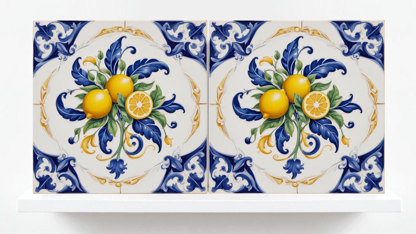 Italian Majolica Lemon Tiles - Set of 2 Mediterranean Wall Decor Tiles -Kitchen Backsplash, Table Decorative,Bathroom, Shower Wall,Fireplace
