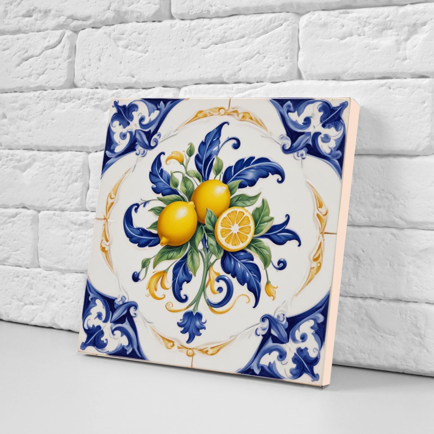 Italian Majolica Lemon Tiles - Set of 2 Mediterranean Wall Decor Tiles -Kitchen Backsplash, Table Decorative,Bathroom, Shower Wall,Fireplace