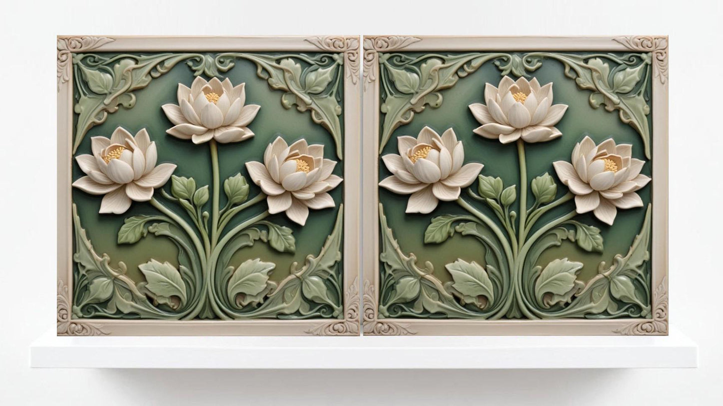 Lotus Tile Art Nouveau Flower Ceramic Tiles - Set of 2 Art Nouveau Green Wall Decor,Kitchen Backsplash,Shower,Bathroom Wall,Sink splashback