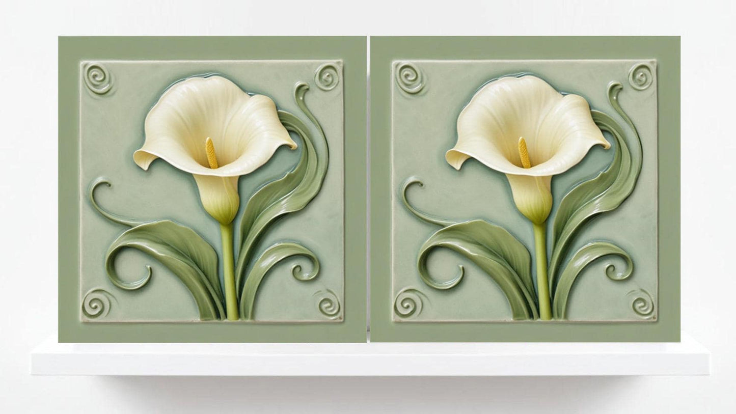 Calla Lily Tile Green Art Nouveau Tiles - Set of 2 - Flower Botanical Art Print Ceramic Tiles -Kitchen Backsplash, Bathroom,Sink Splashback