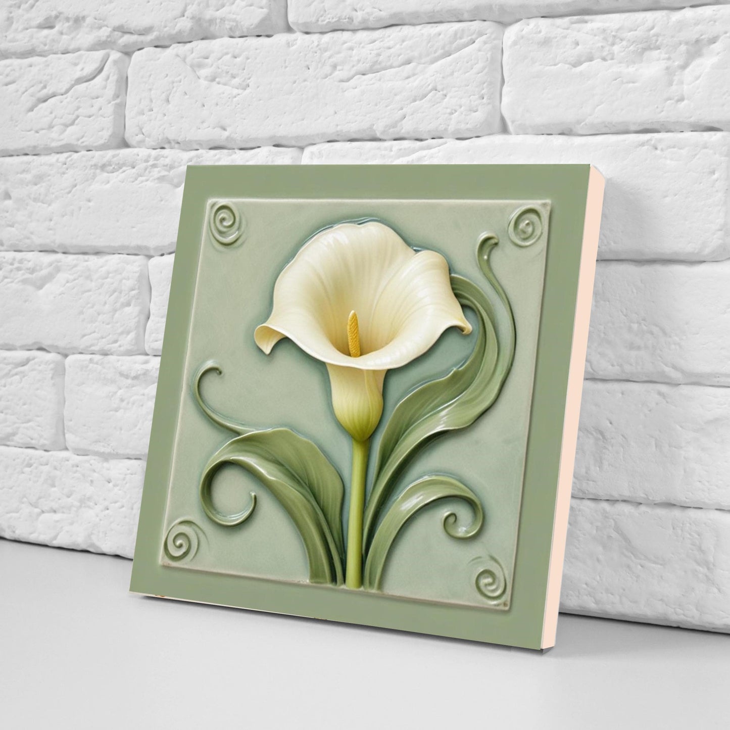 Calla Lily Tile Green Art Nouveau Tiles - Set of 2 - Flower Botanical Art Print Ceramic Tiles -Kitchen Backsplash, Bathroom,Sink Splashback