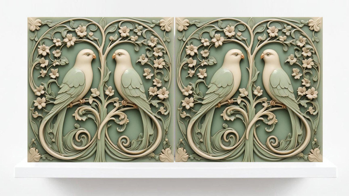 Art Nouveau Bird and Flower Ceramic tiles -Set of 2 Art Nouveau Green Bird Wall Decor, Bird Tiles - Kitchen Backsplash,Shower,Bathroom Wall