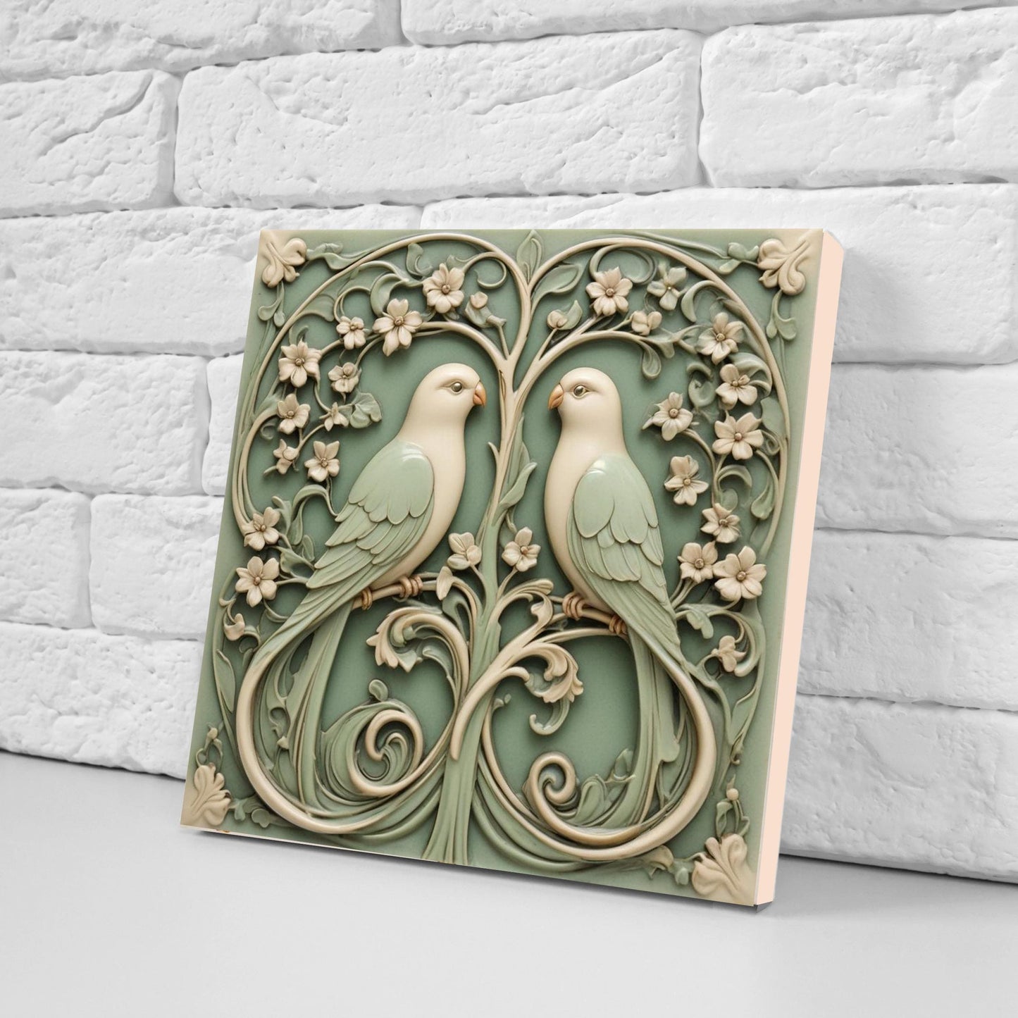 Art Nouveau Bird and Flower Ceramic tiles -Set of 2 Art Nouveau Green Bird Wall Decor, Bird Tiles - Kitchen Backsplash,Shower,Bathroom Wall